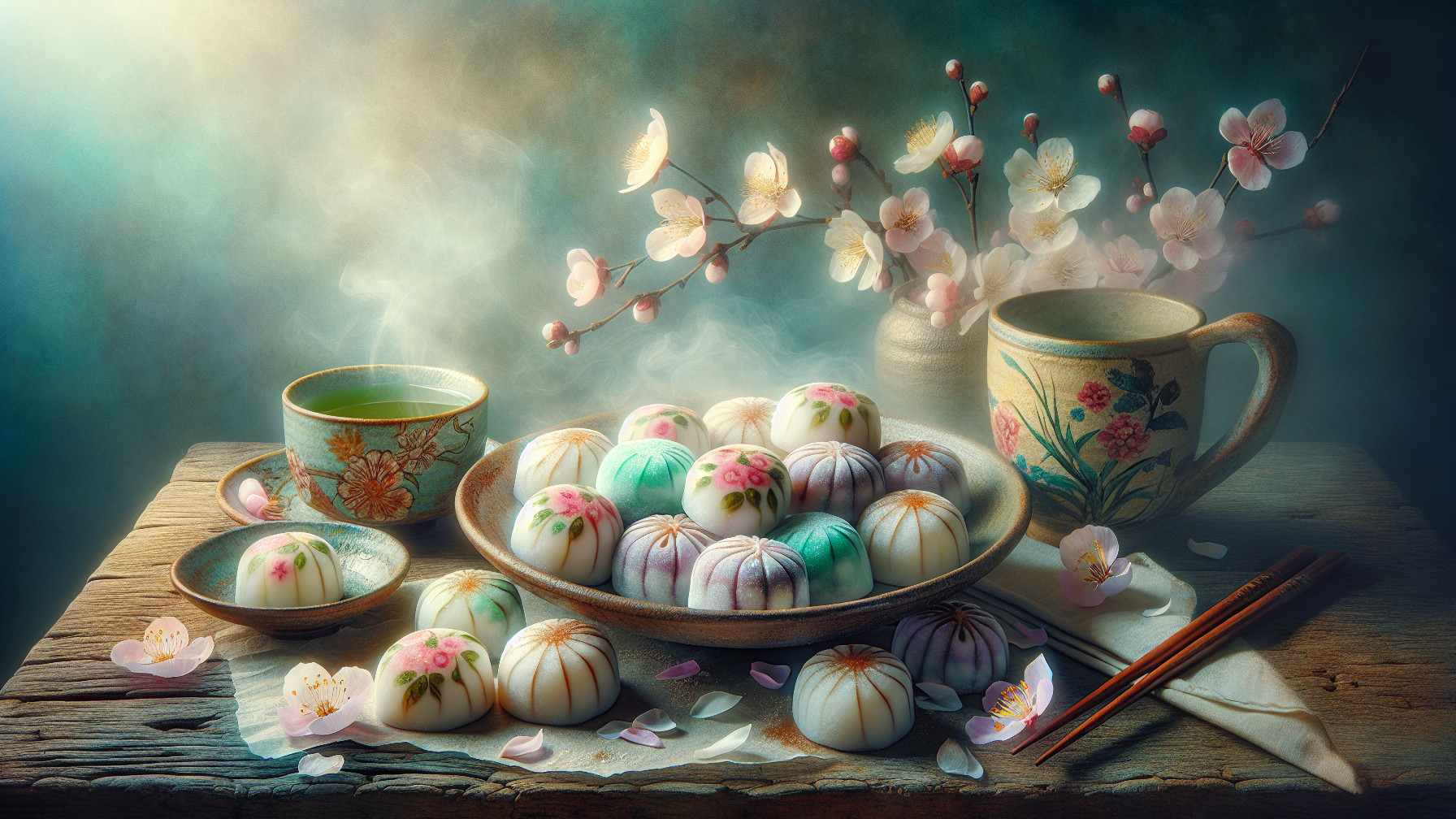 Colorful Dumplings and Tea Cups on Rustic Table