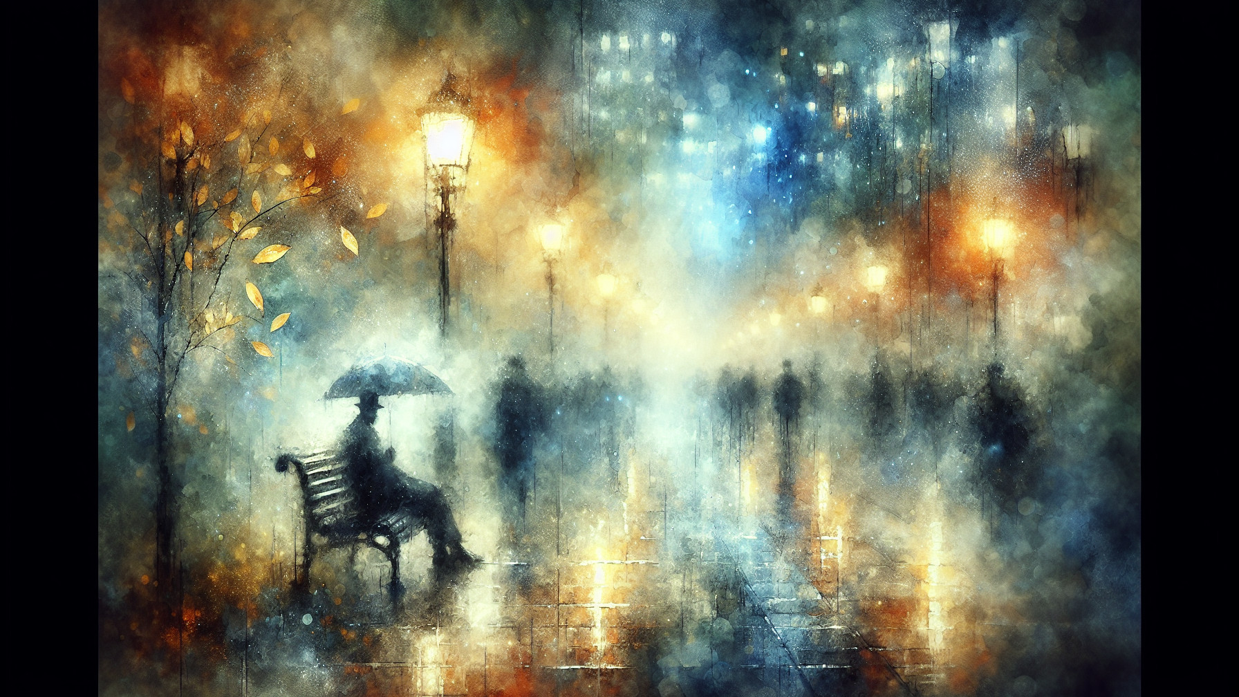 Rainy City Street Scene with Umbrella and Streetlights