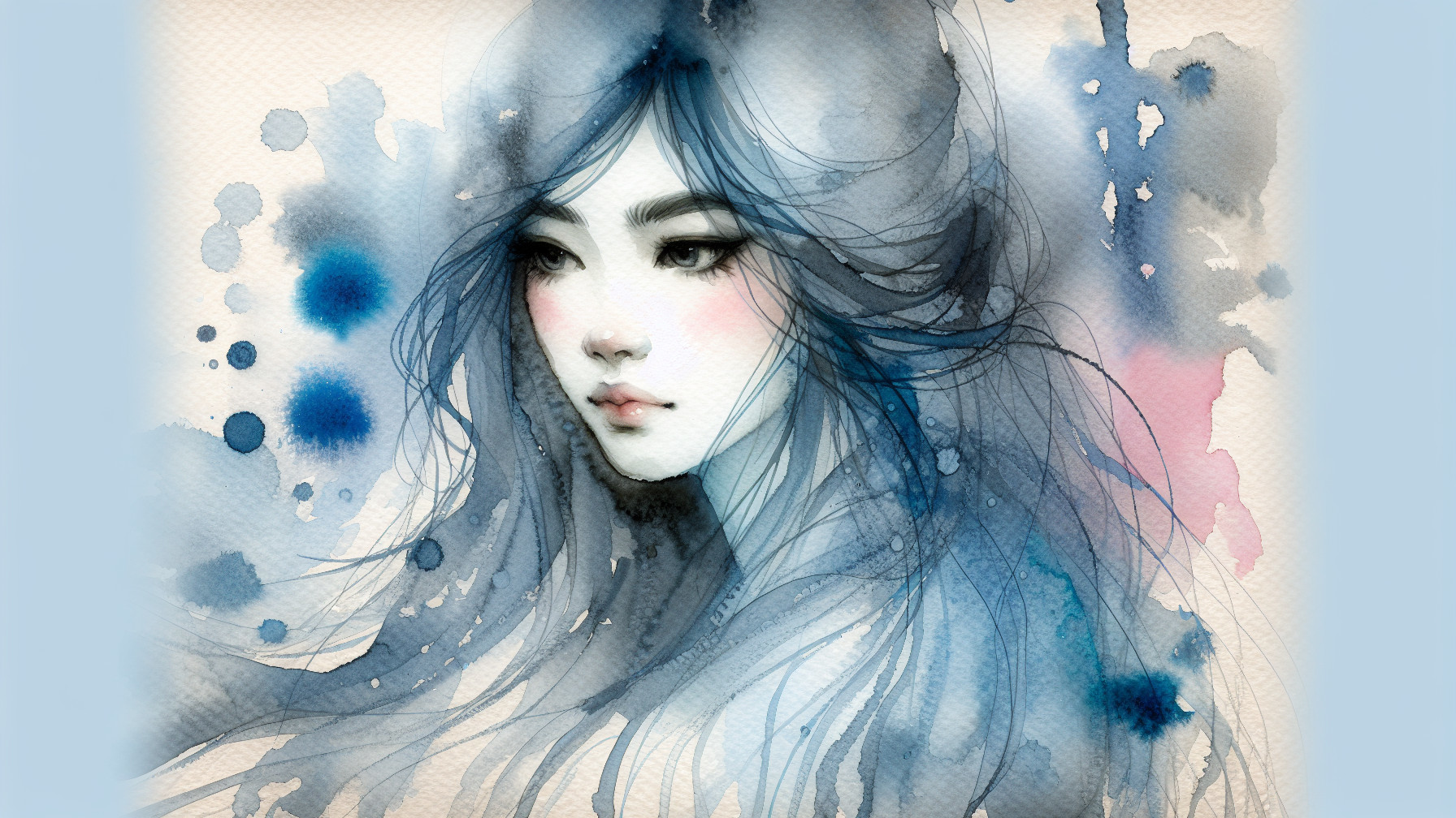 Watercolor portrait of a young woman with dark hair