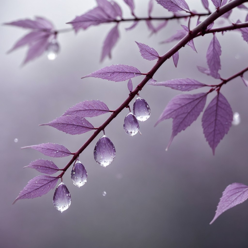 Purple Leaves with Water Droplets in Soft Focus