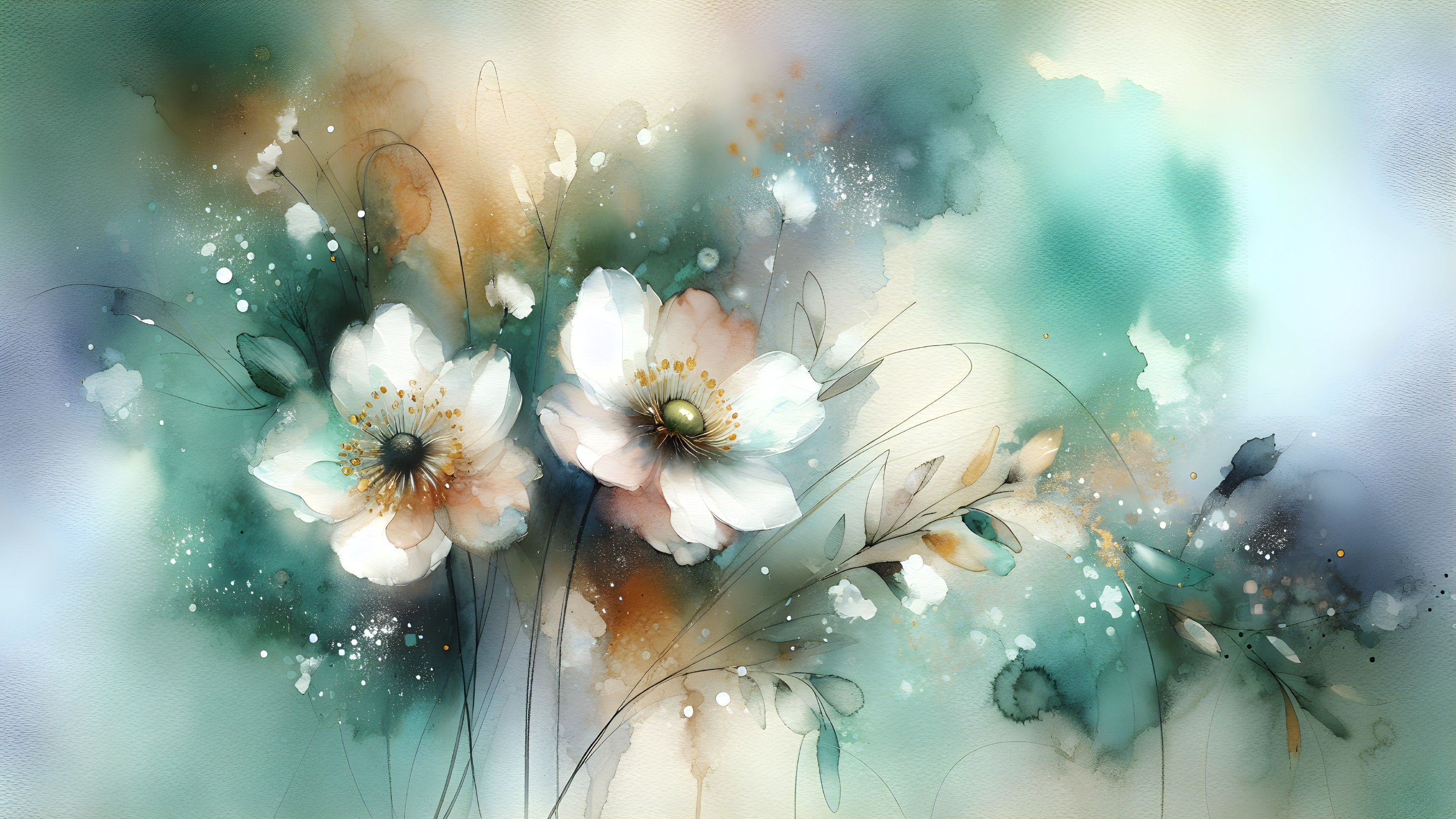 Watercolor Painting of White Flowers with Abstract Colors