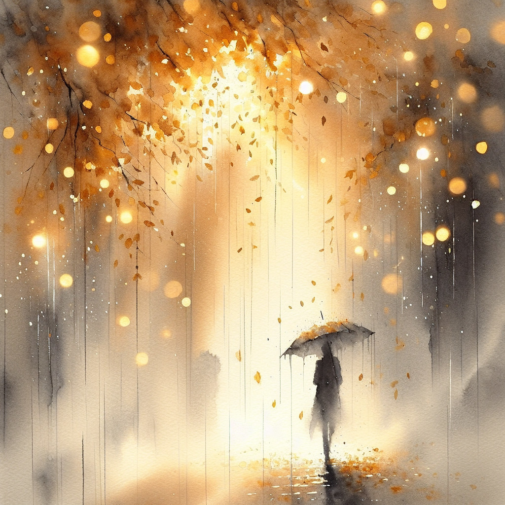 Solitary Figure Under Autumn Leaves with Umbrella