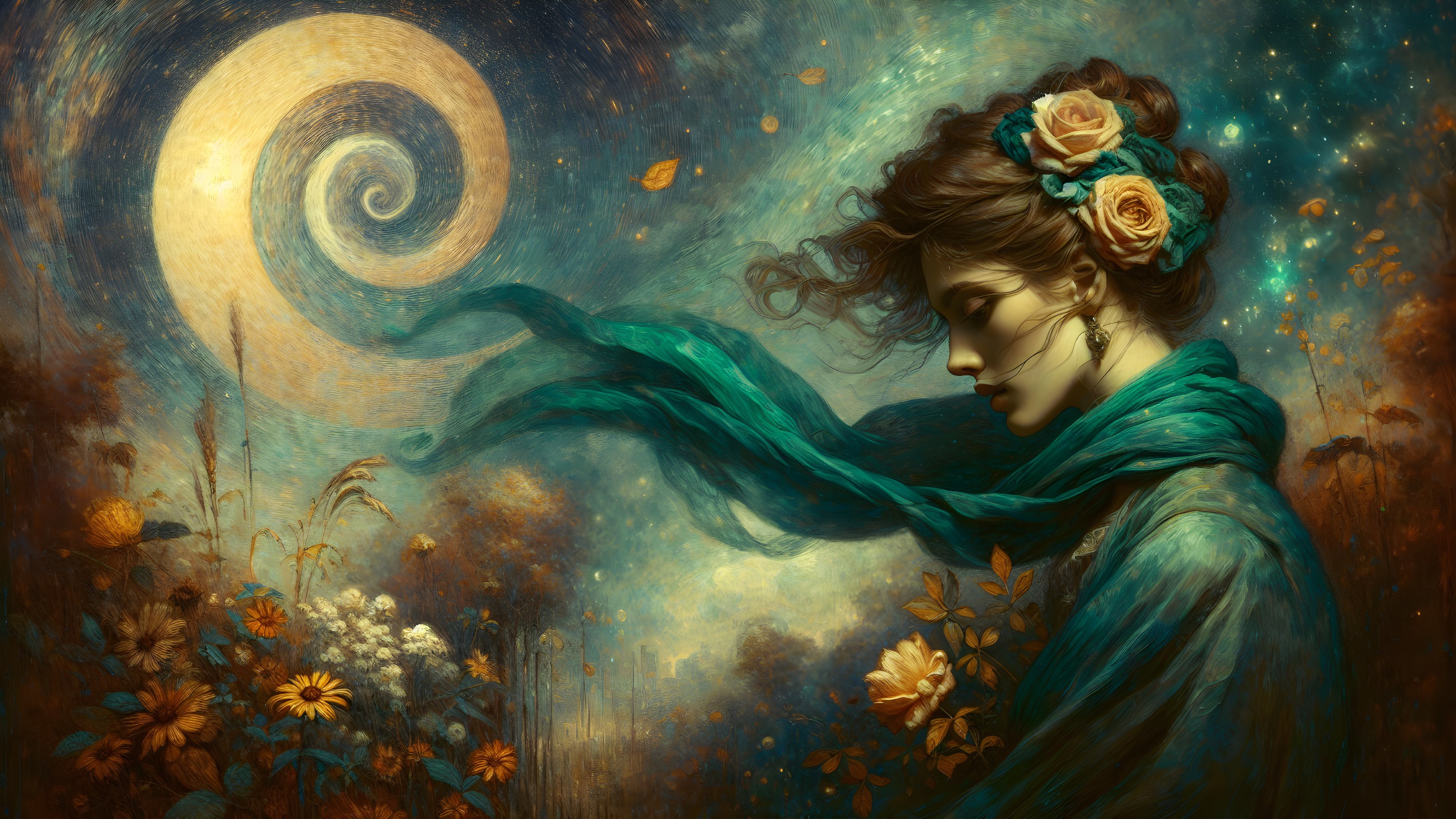 Contemplative Woman with Roses in a Dreamlike Landscape
