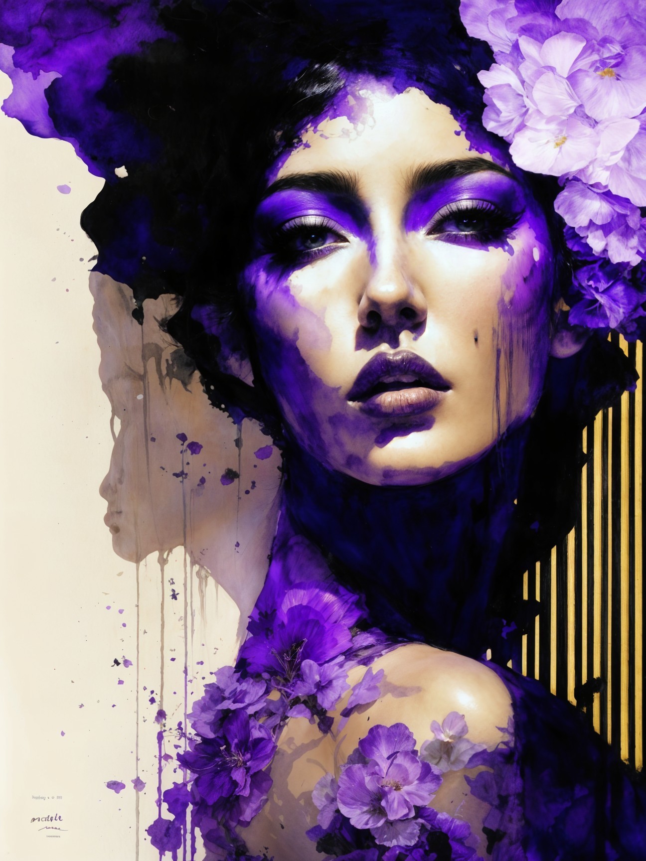 Portrait of a woman with purple flowers and abstract art