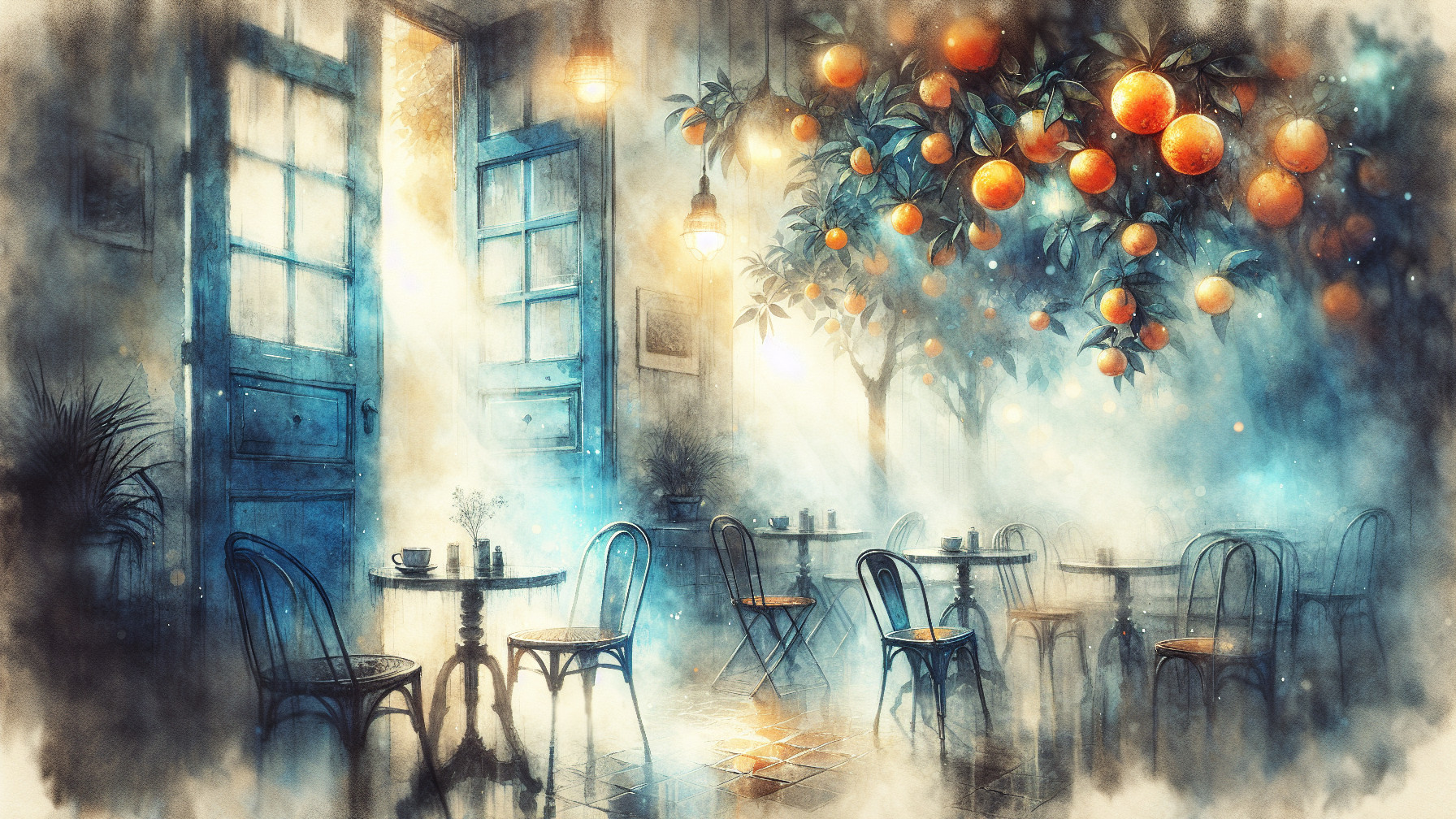 Serene café scene with orange trees and soft lighting