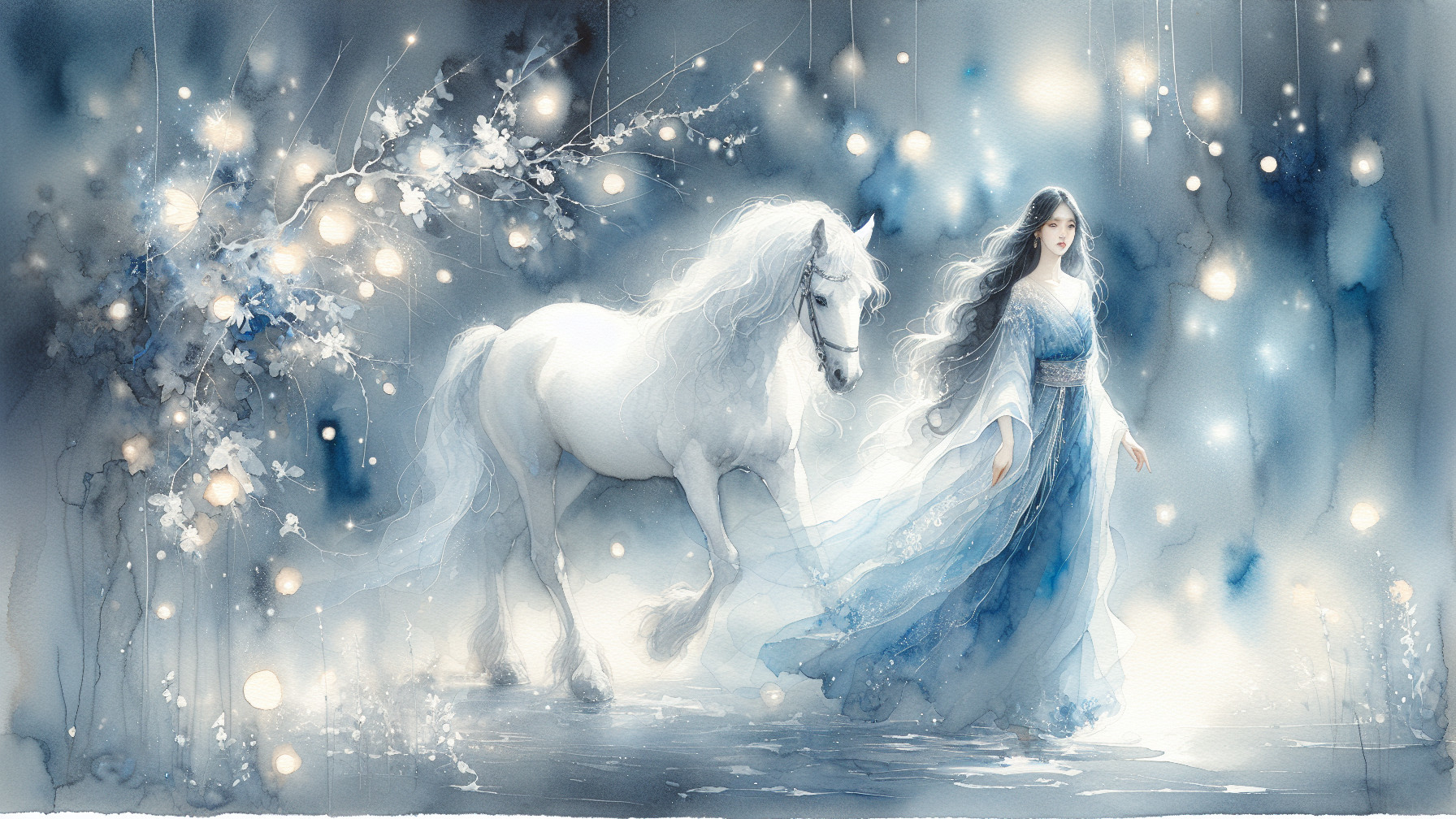 Watercolor Painting of Woman and White Horse Scene