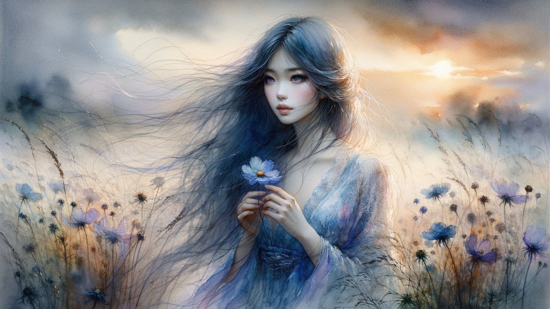 Young Woman in Ethereal Flower Field at Sunset