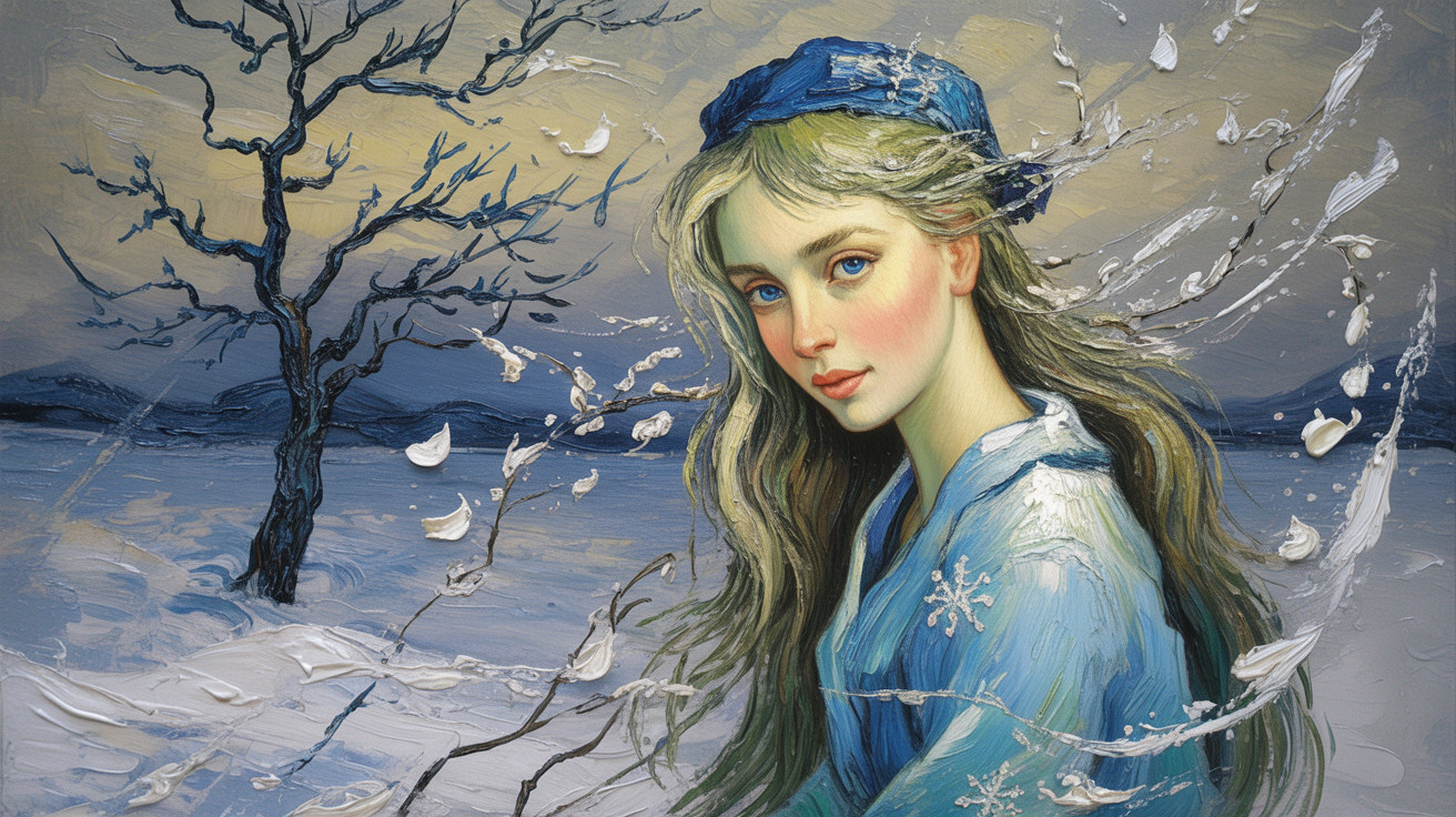 Serene winter landscape with a contemplative woman