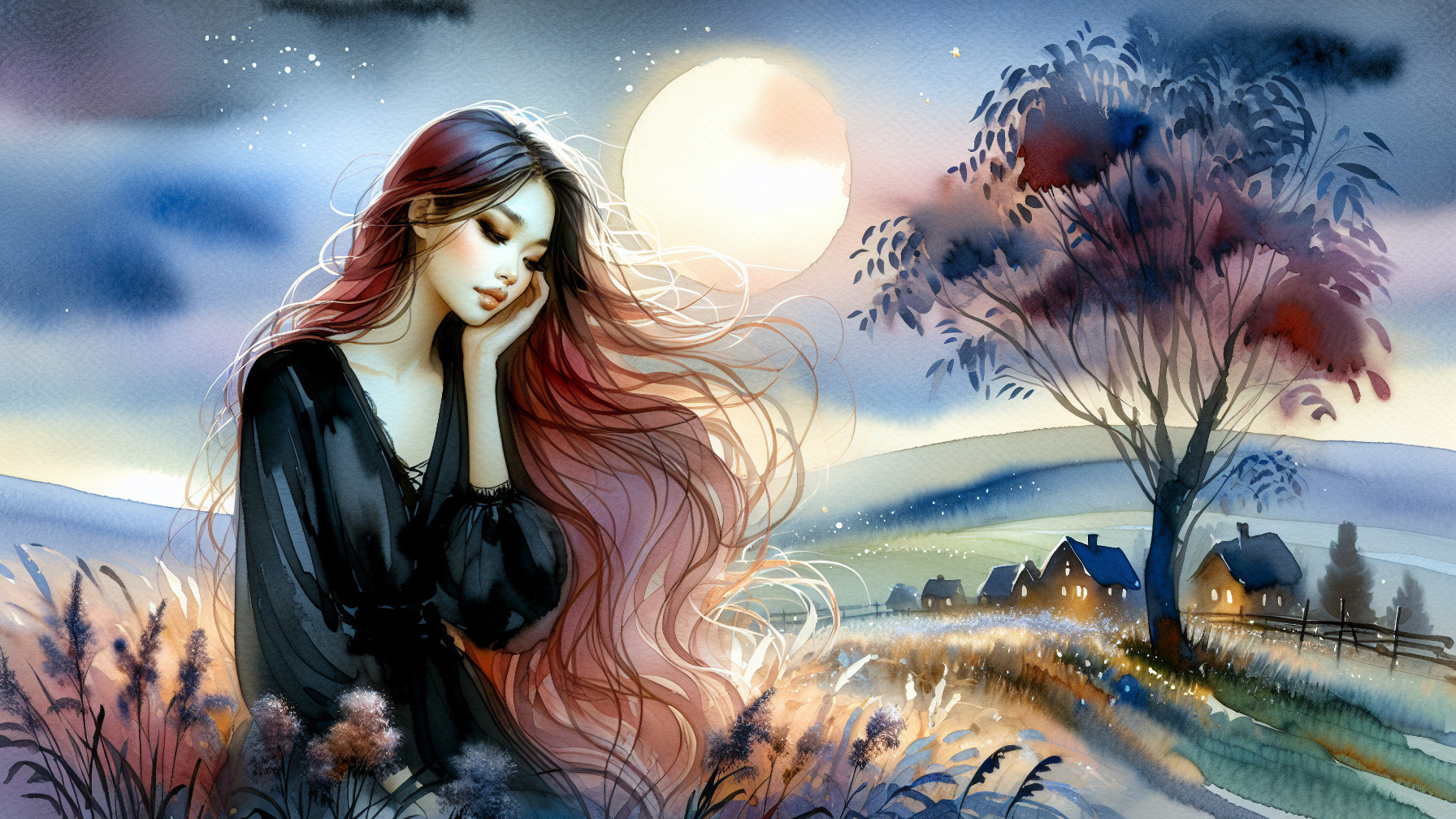 Dreamy Watercolor Scene of a Woman in Nature