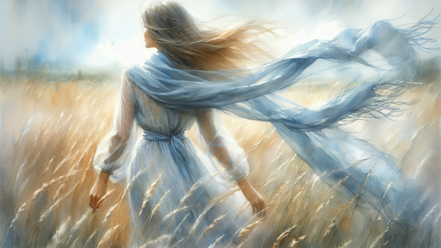 Serene figure in golden field with flowing hair and scarf