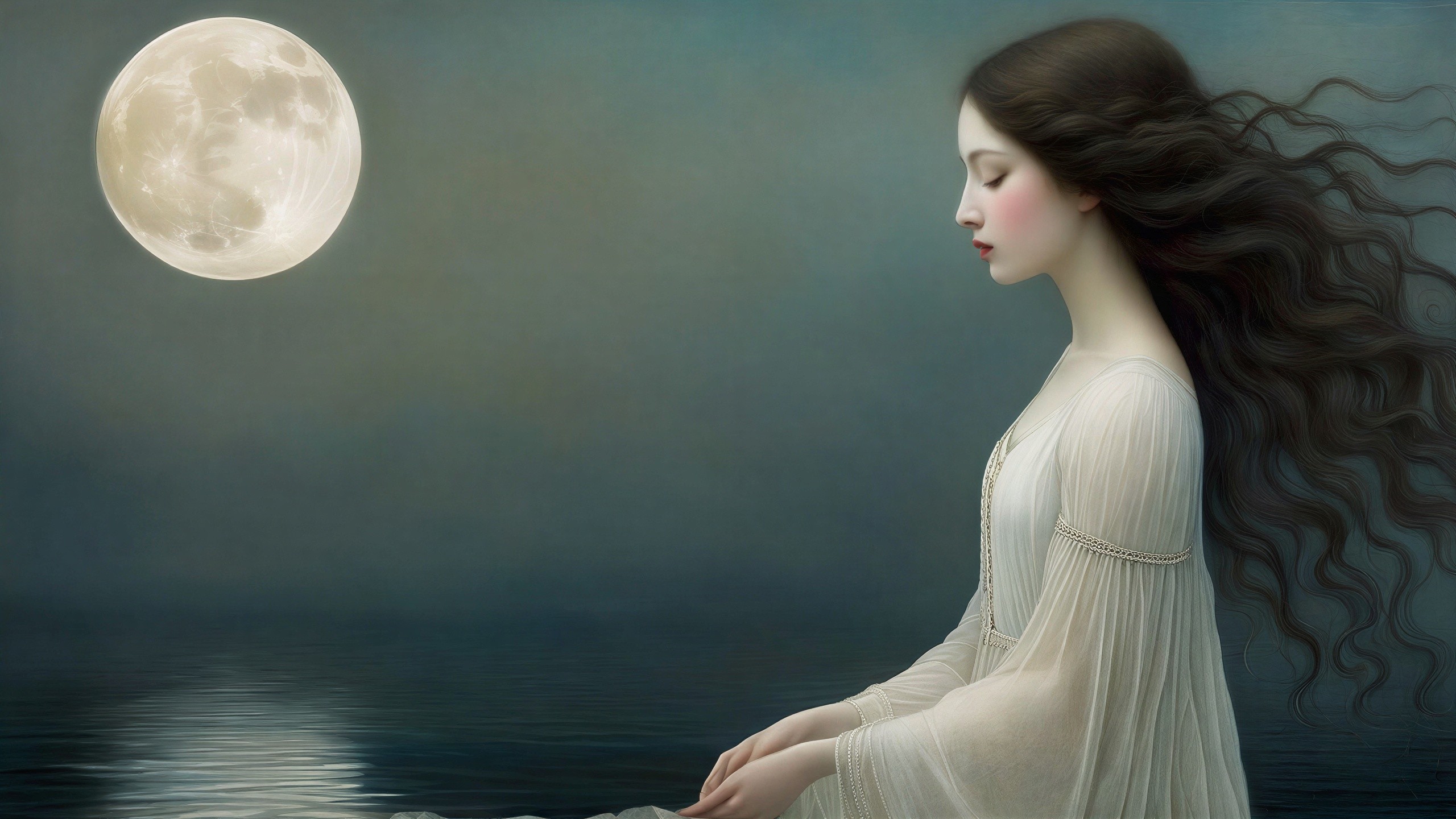 Serene Figure by Water Under Luminous Moonlight