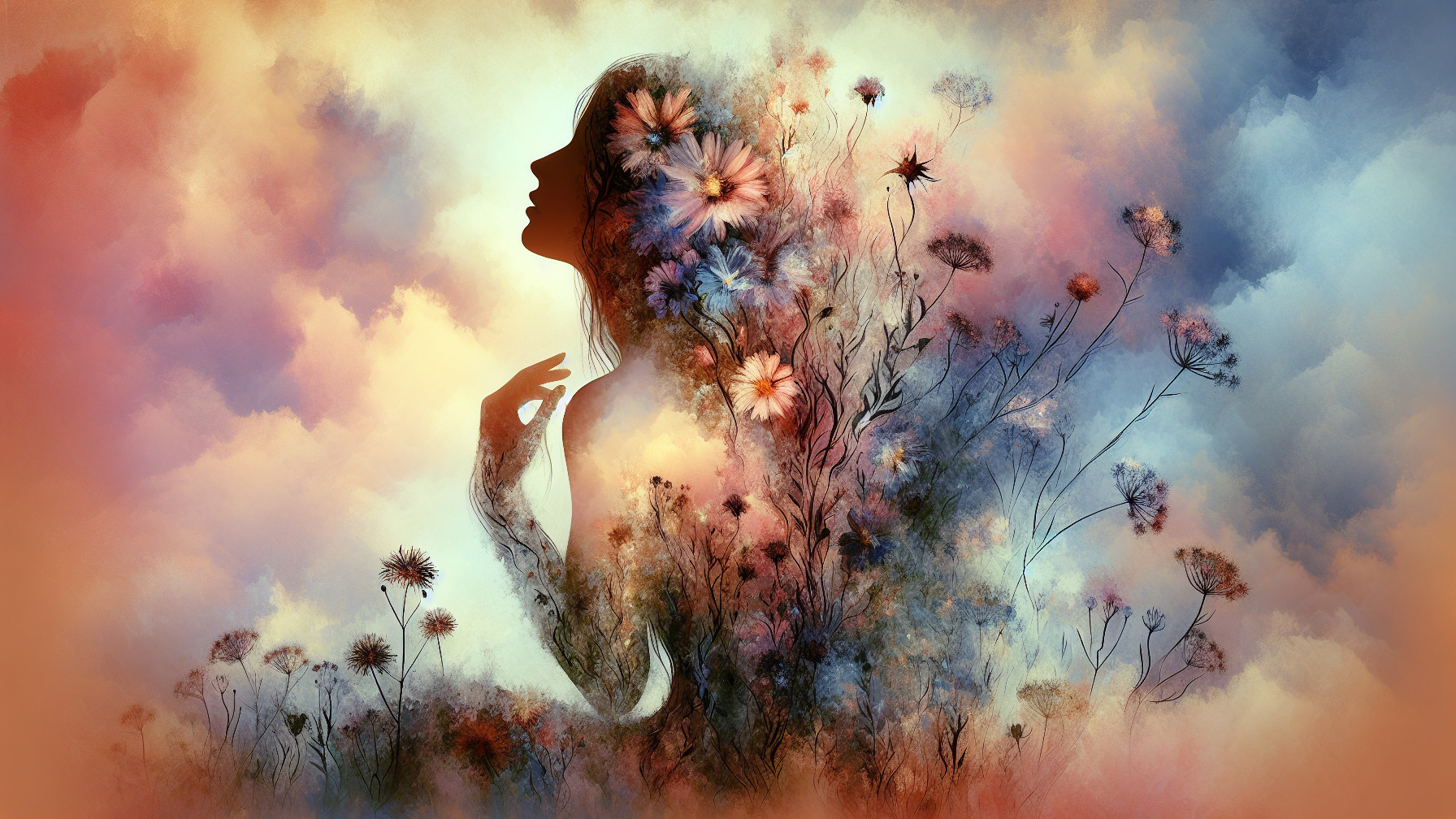 Silhouette of a Woman Amid Colorful Flowers and Clouds