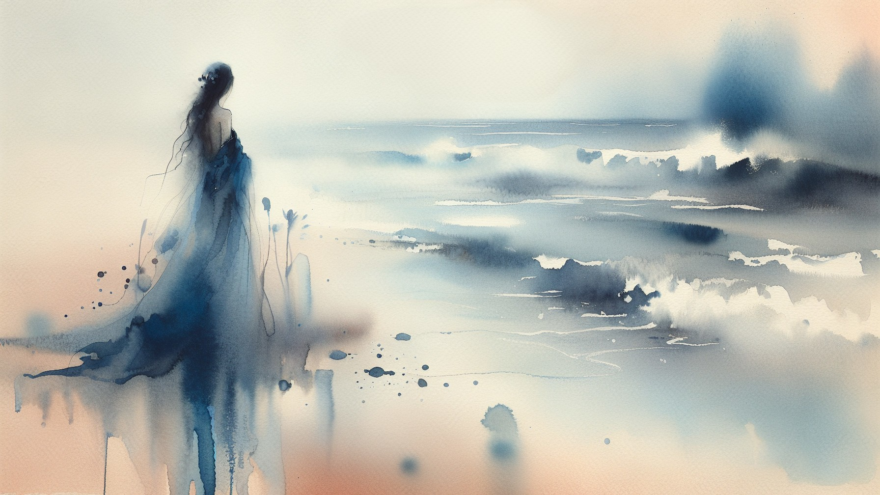 Watercolor Painting of Figure at Tranquil Beach