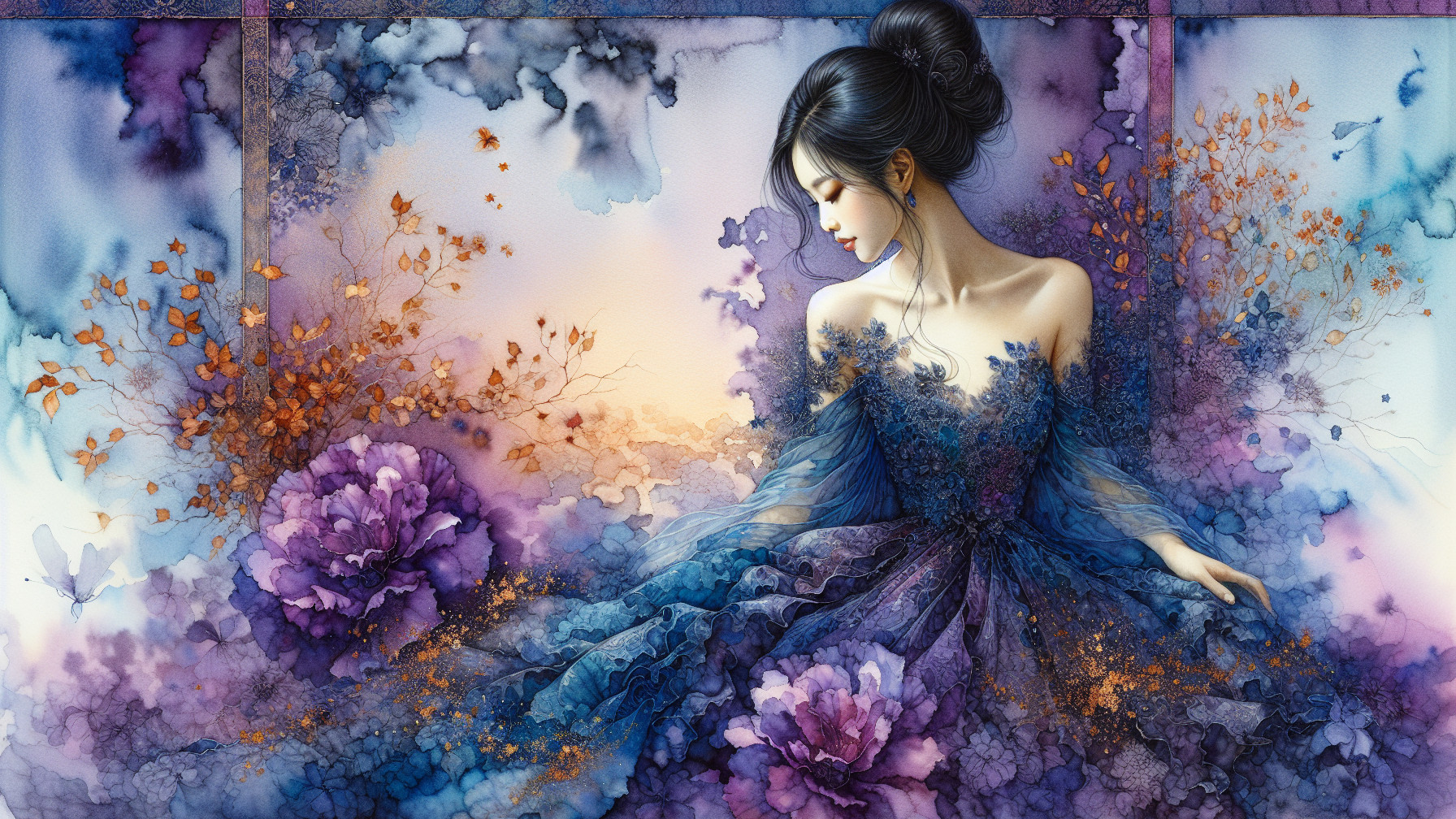 Serene Figure in Deep Blue Gown Surrounded by Flowers
