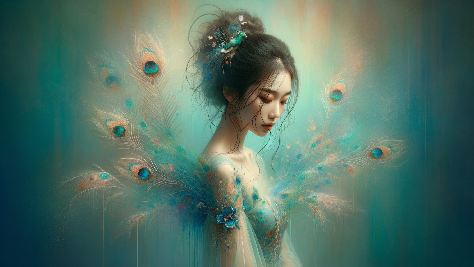 Serene Figure in Gown with Peacock Feather Details