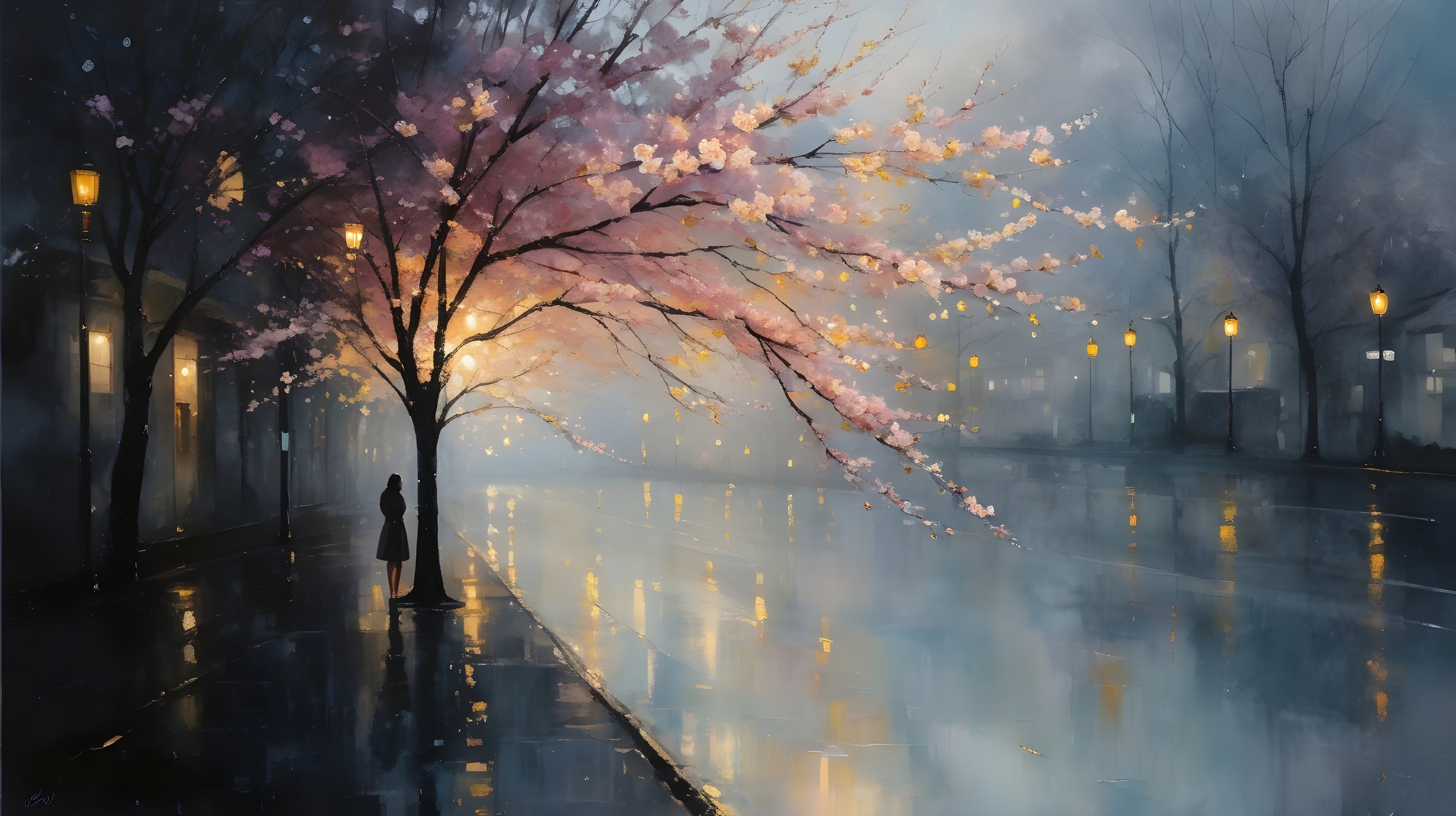 Tranquil street scene with cherry blossoms and mist