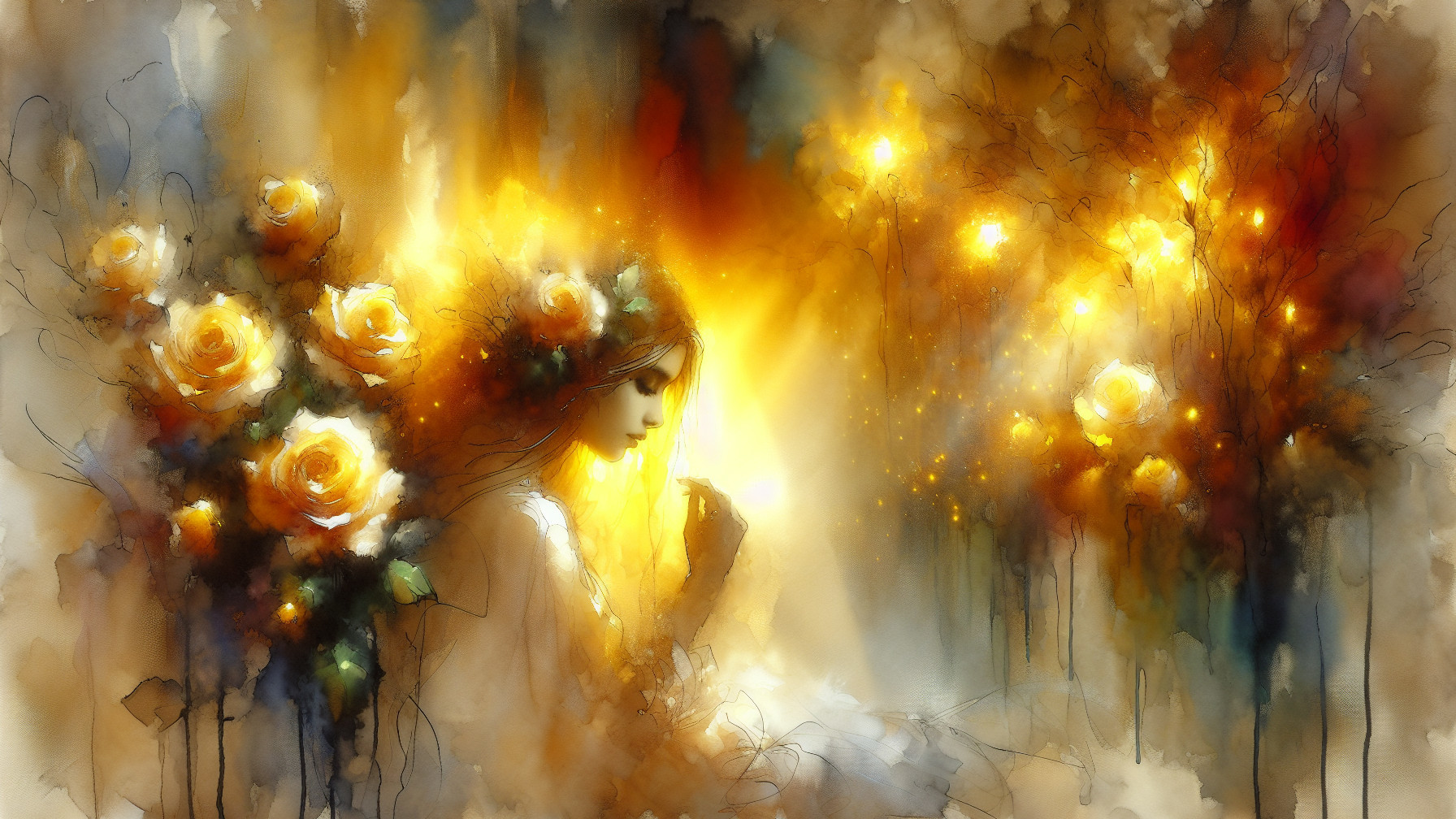 Ethereal Figure in Floral Crown Surrounded by Roses