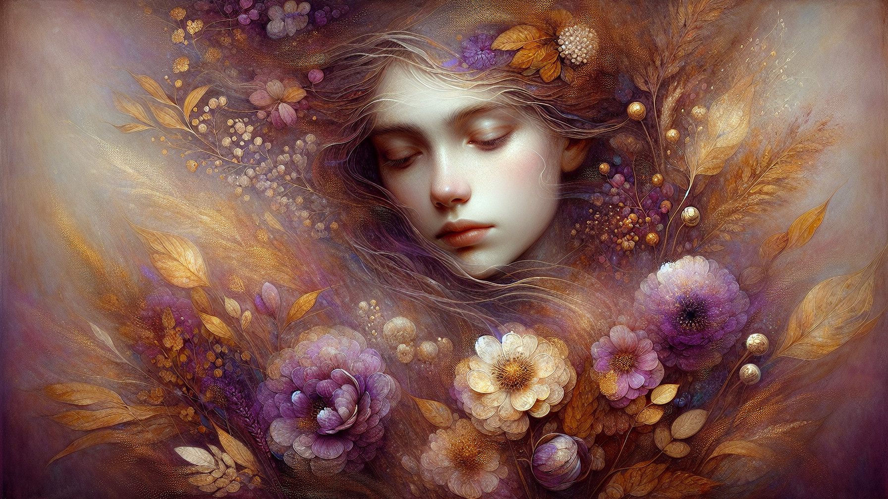 Ethereal Figure Surrounded by Colorful Flowers