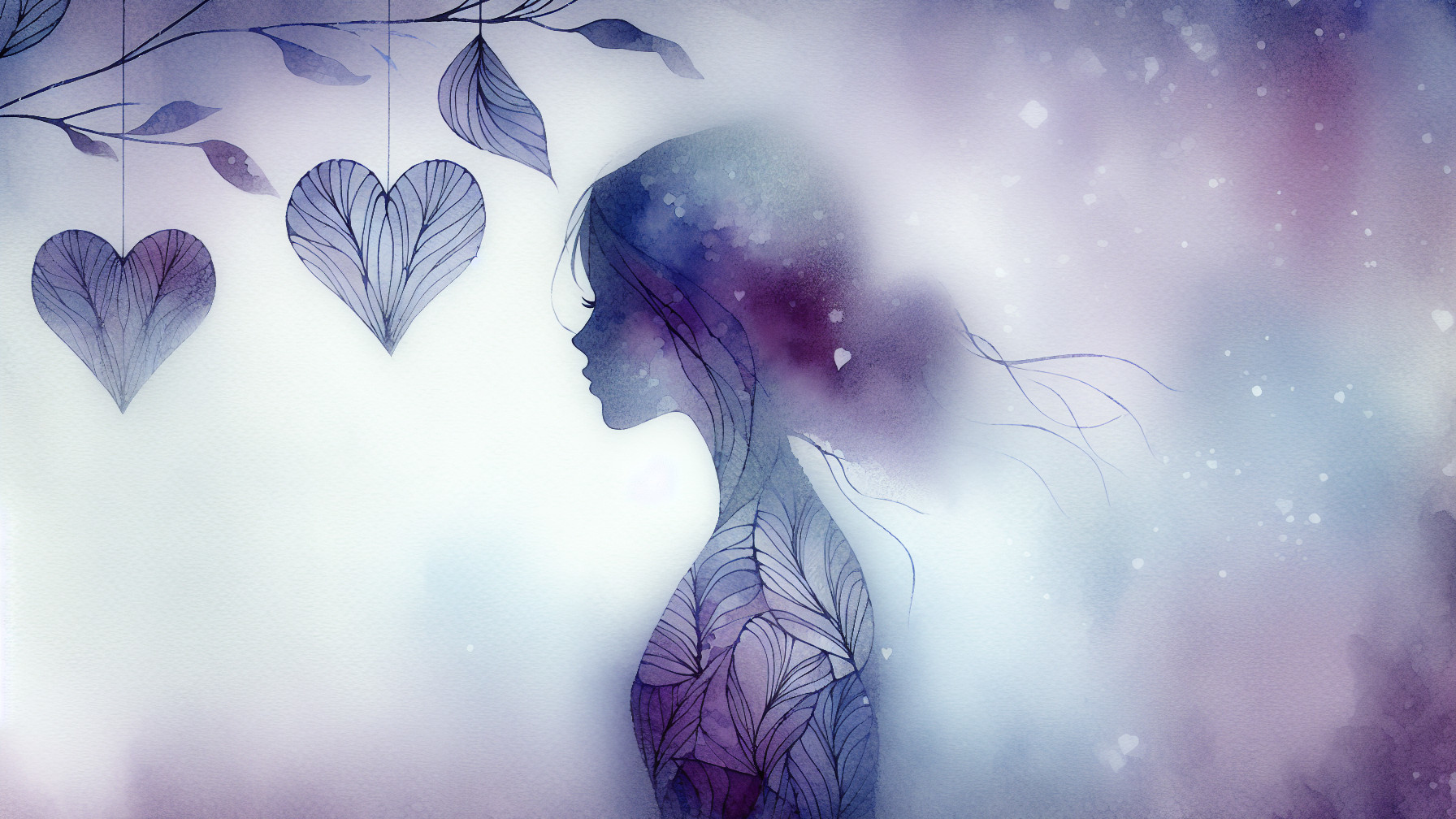 Ethereal Watercolor Painting of Woman with Hearts