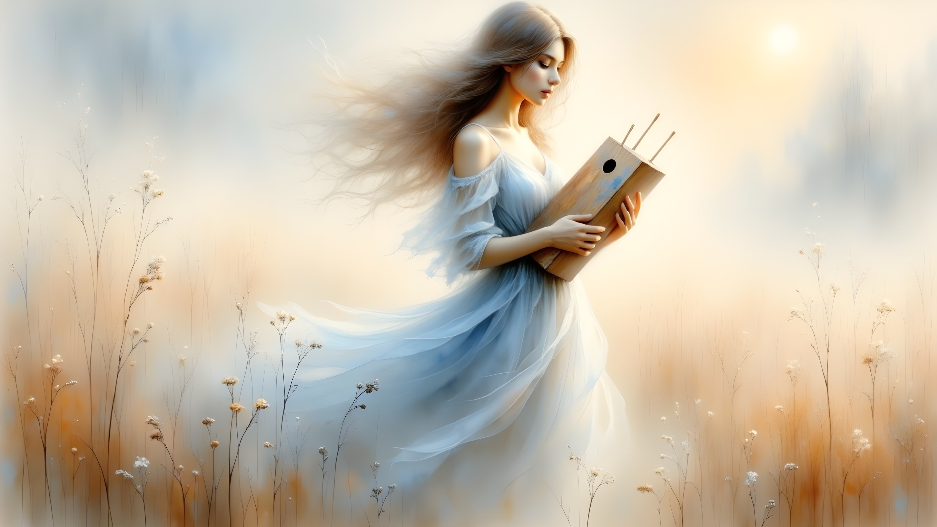 Serene figure in blue dress in ethereal landscape