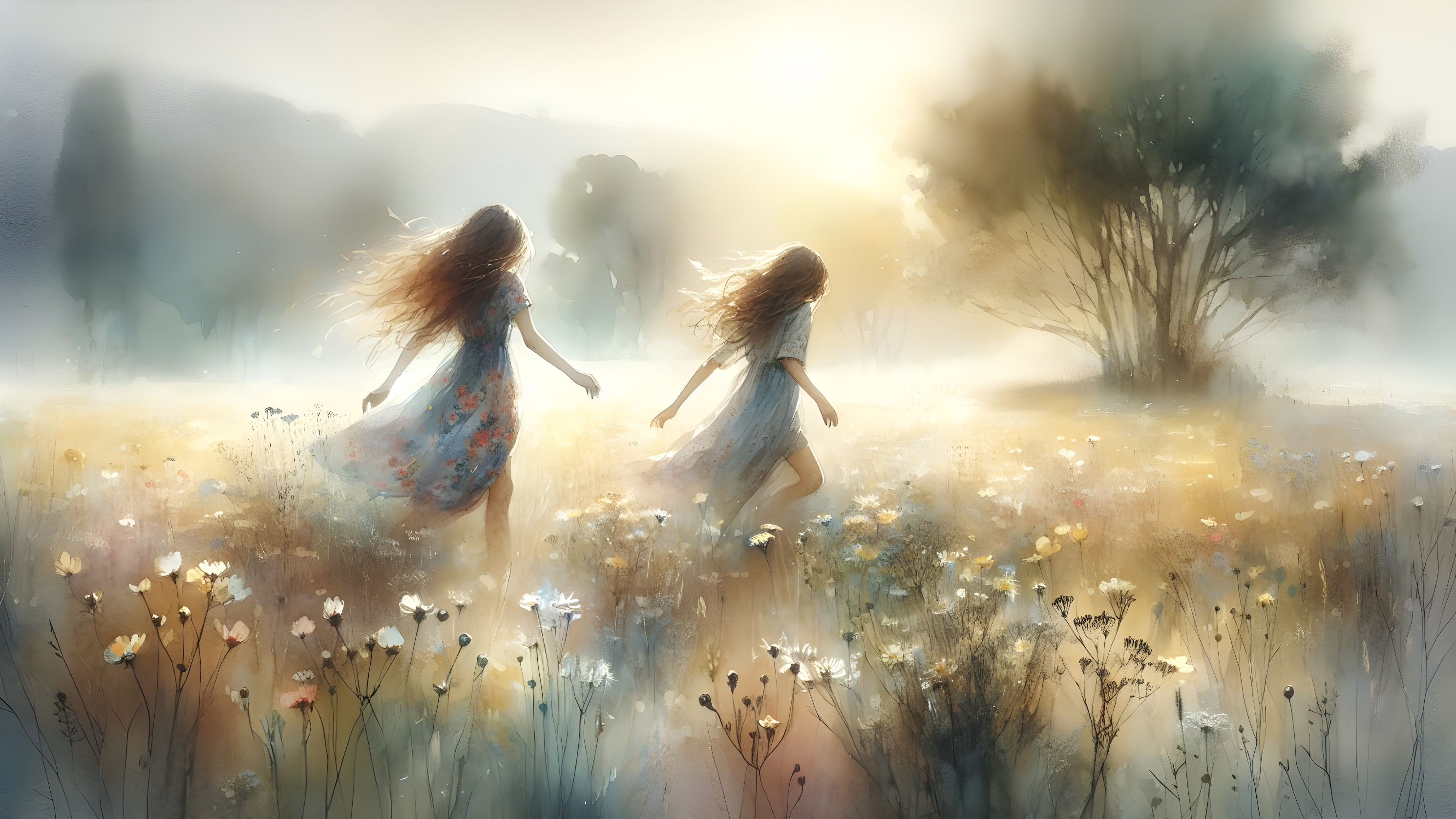 Girls dancing in a sunlit meadow with wildflowers