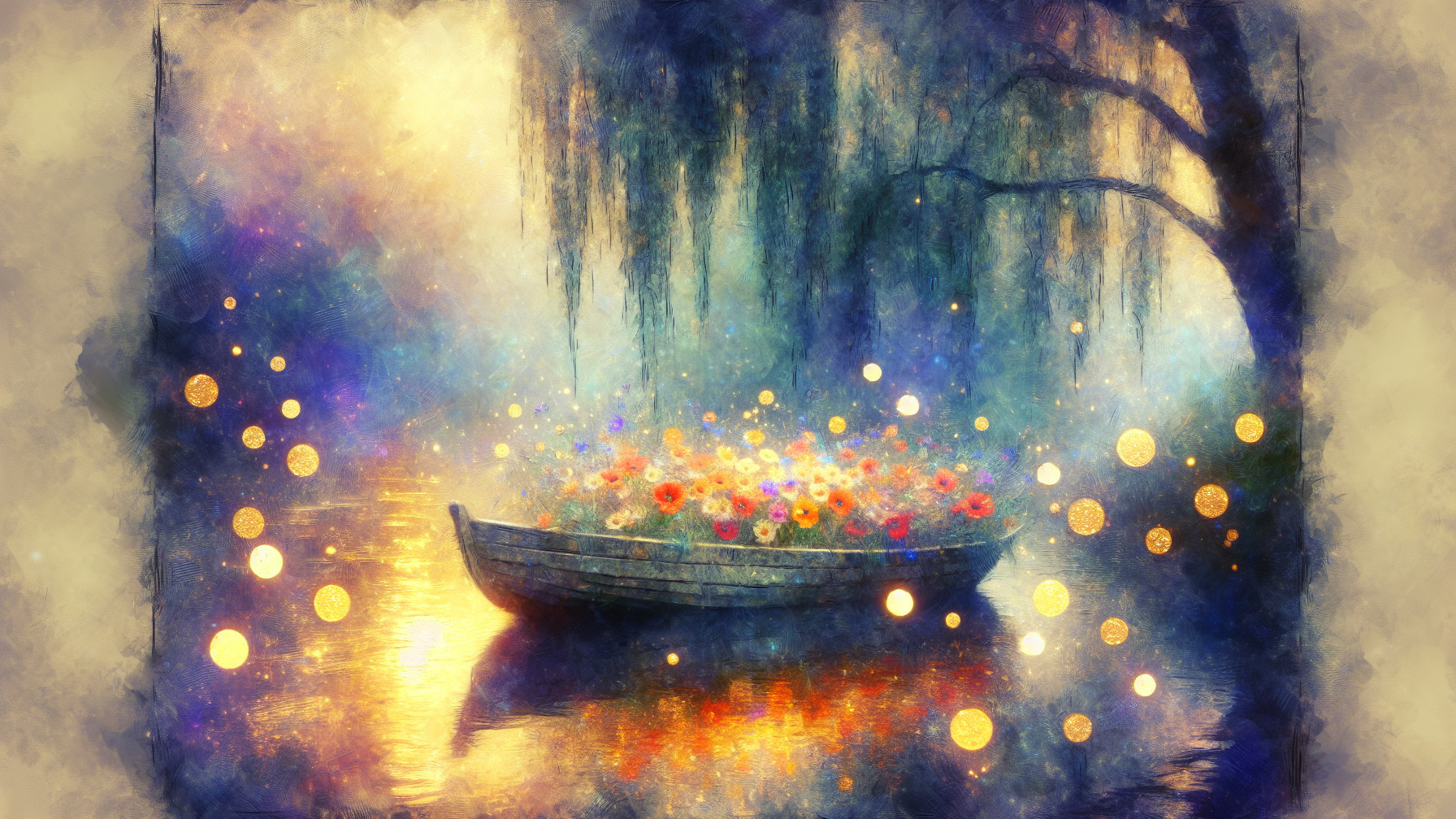 Wooden Boat with Colorful Flowers on Tranquil Waterway