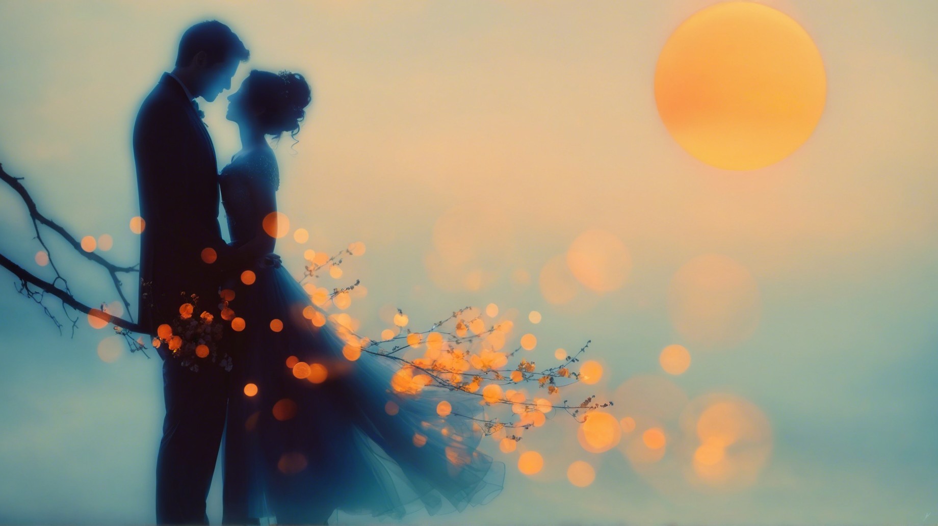 Romantic Silhouette of a Couple at Sunset with Bokeh
