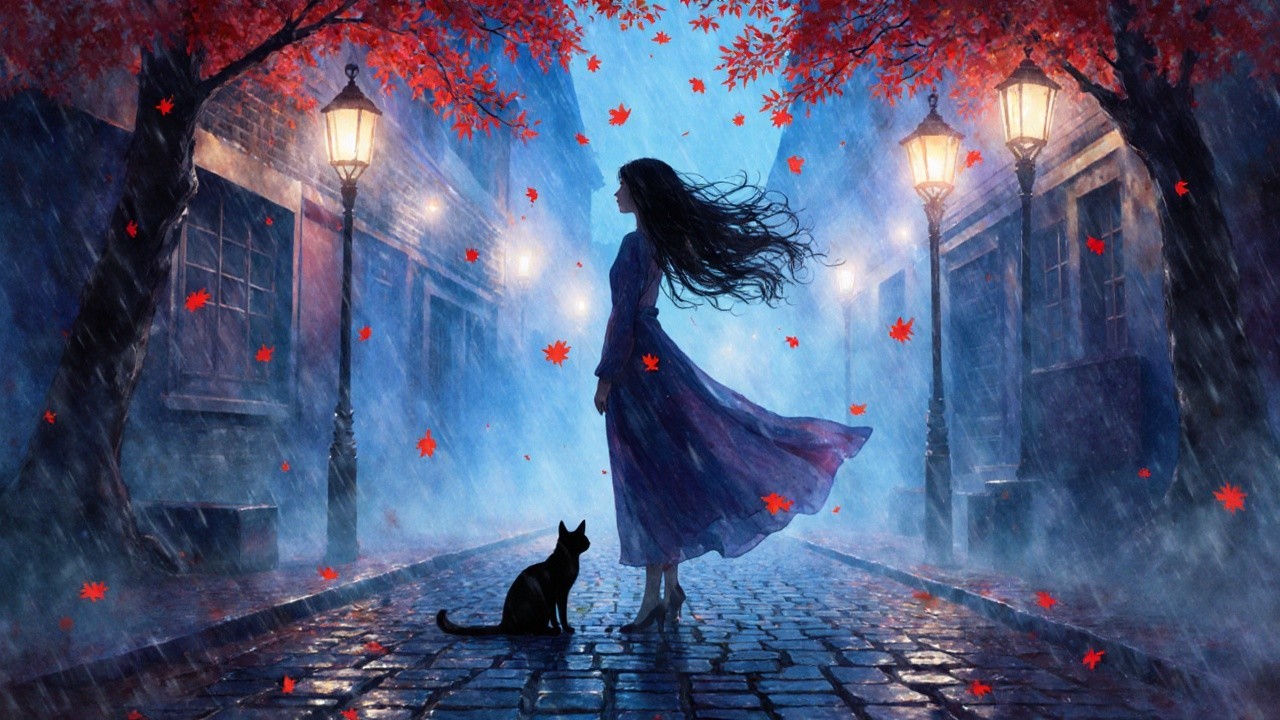 Misty Alleyway with Woman, Cat, and Autumn Leaves