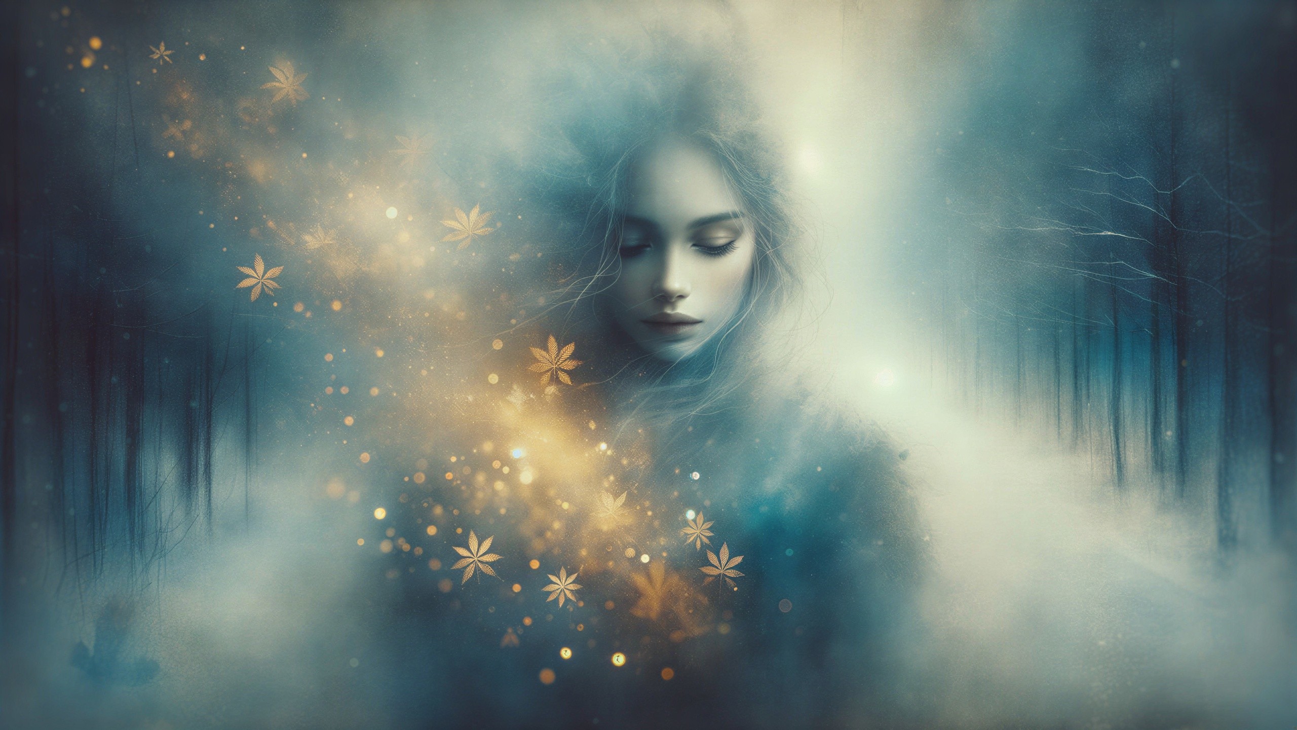 Serene Woman in Ethereal Mist with Glowing Flowers