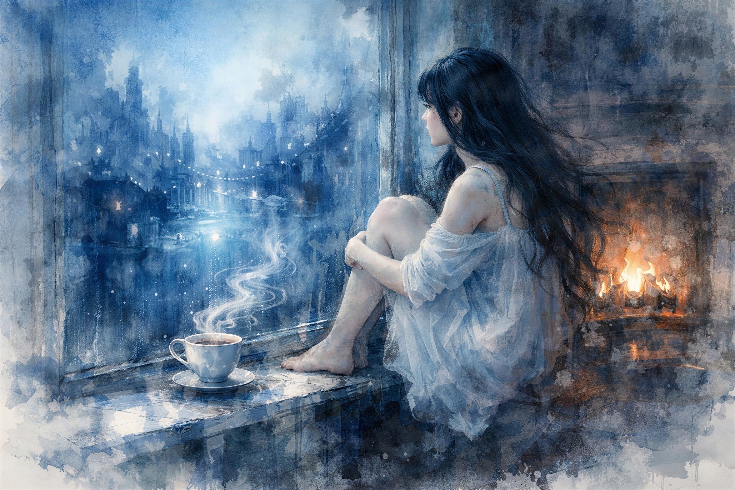 Anime Watercolor Painting of a Lonely Girl by Window