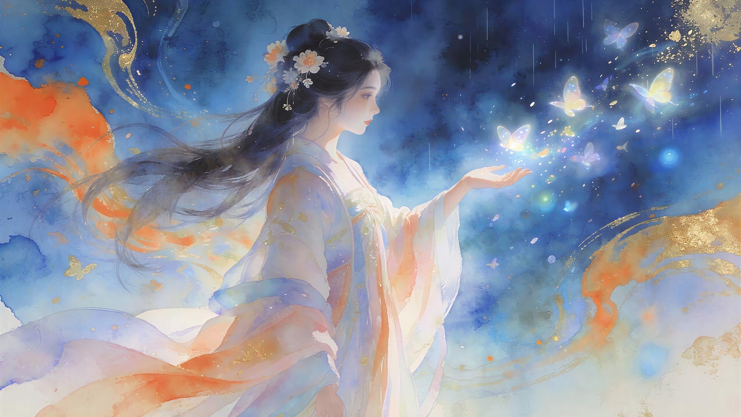Elegant Chinese Woman in Hanfu with Glowing Butterfly