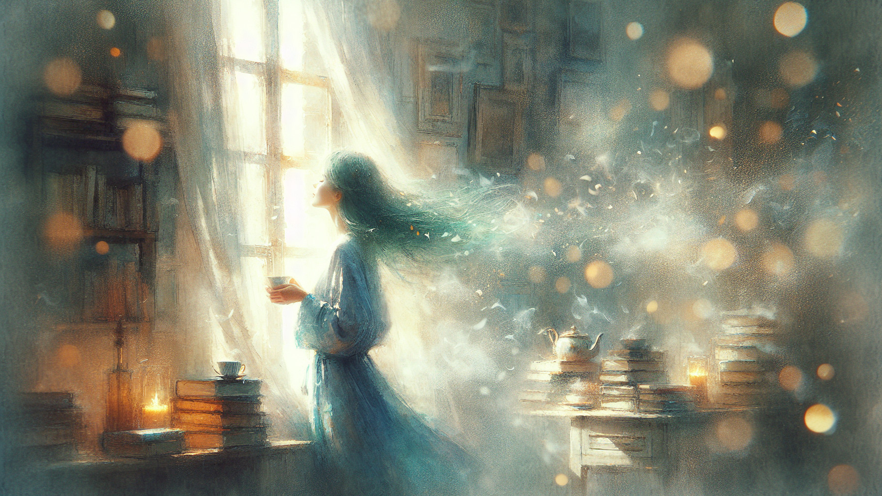 Young Woman by Sunlit Window in Dreamy Atmosphere