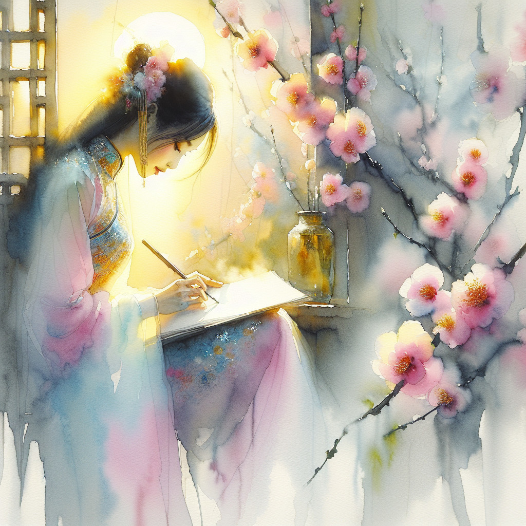 Young Woman Writing by Window with Cherry Blossoms