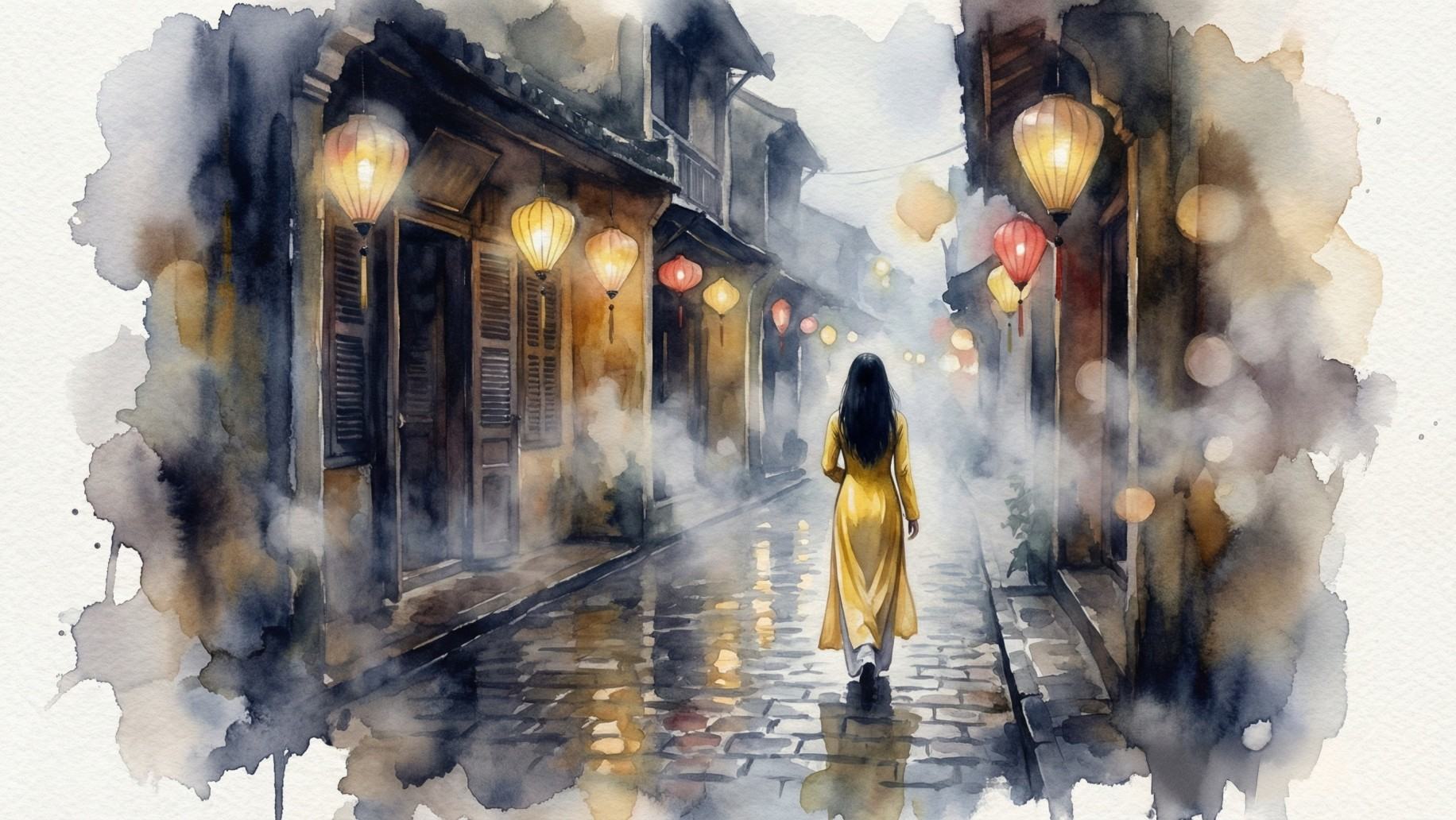 Watercolor Painting of a Foggy Lamp-Lit Street Scene
