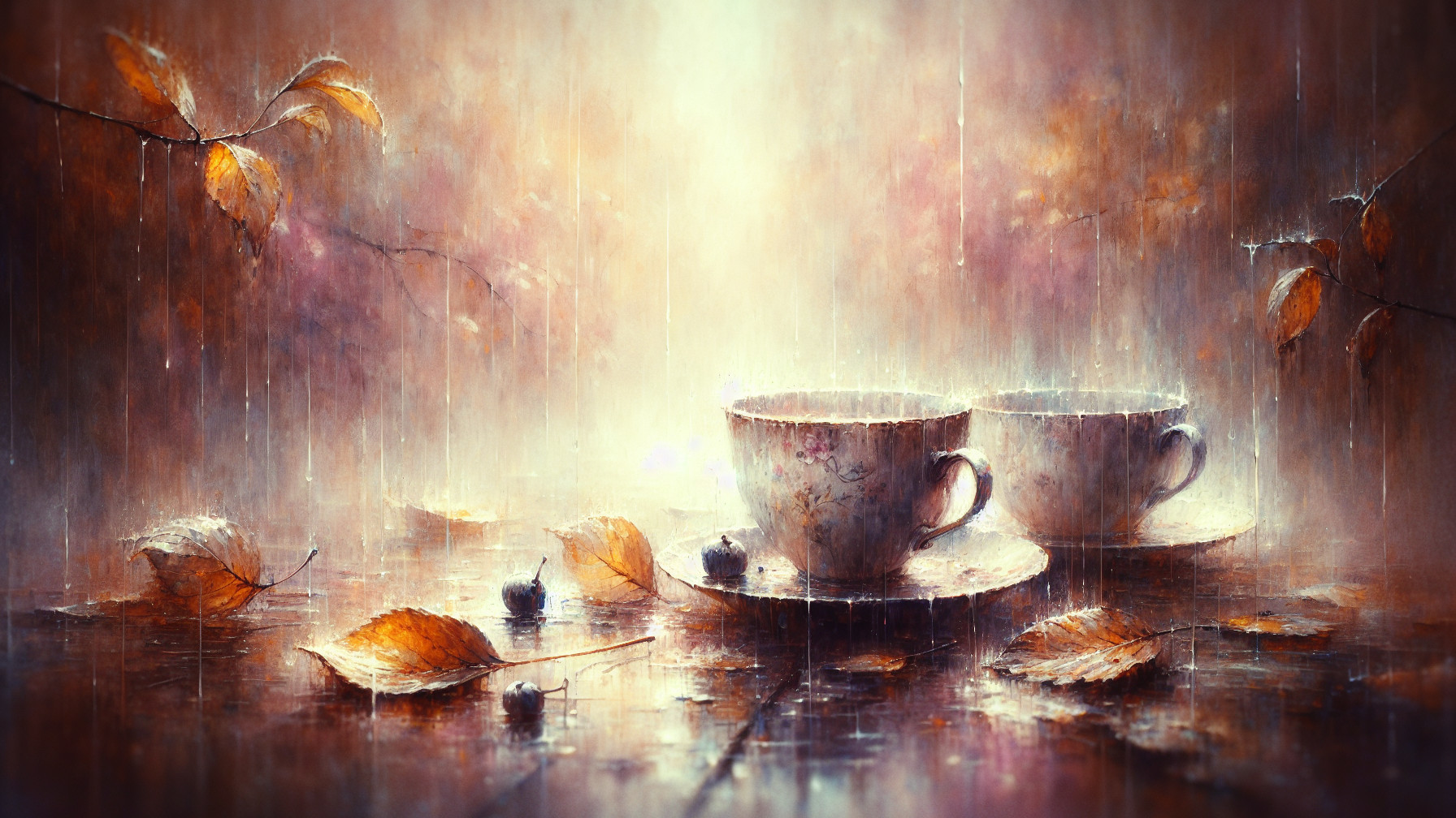 Porcelain Cups on a Rain-Drenched Autumn Table