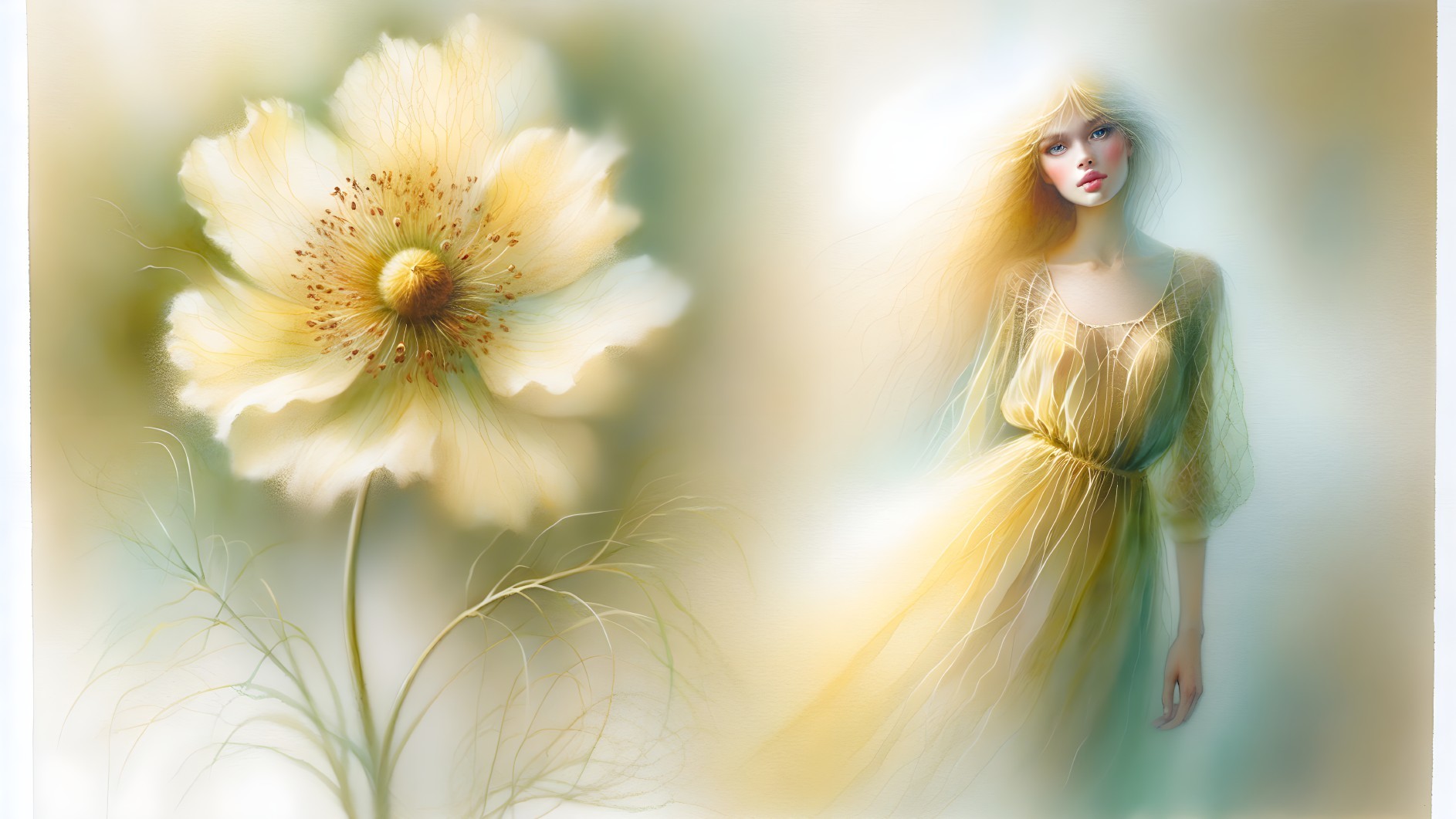 Delicate Scene of Yellow Flower and Serene Woman