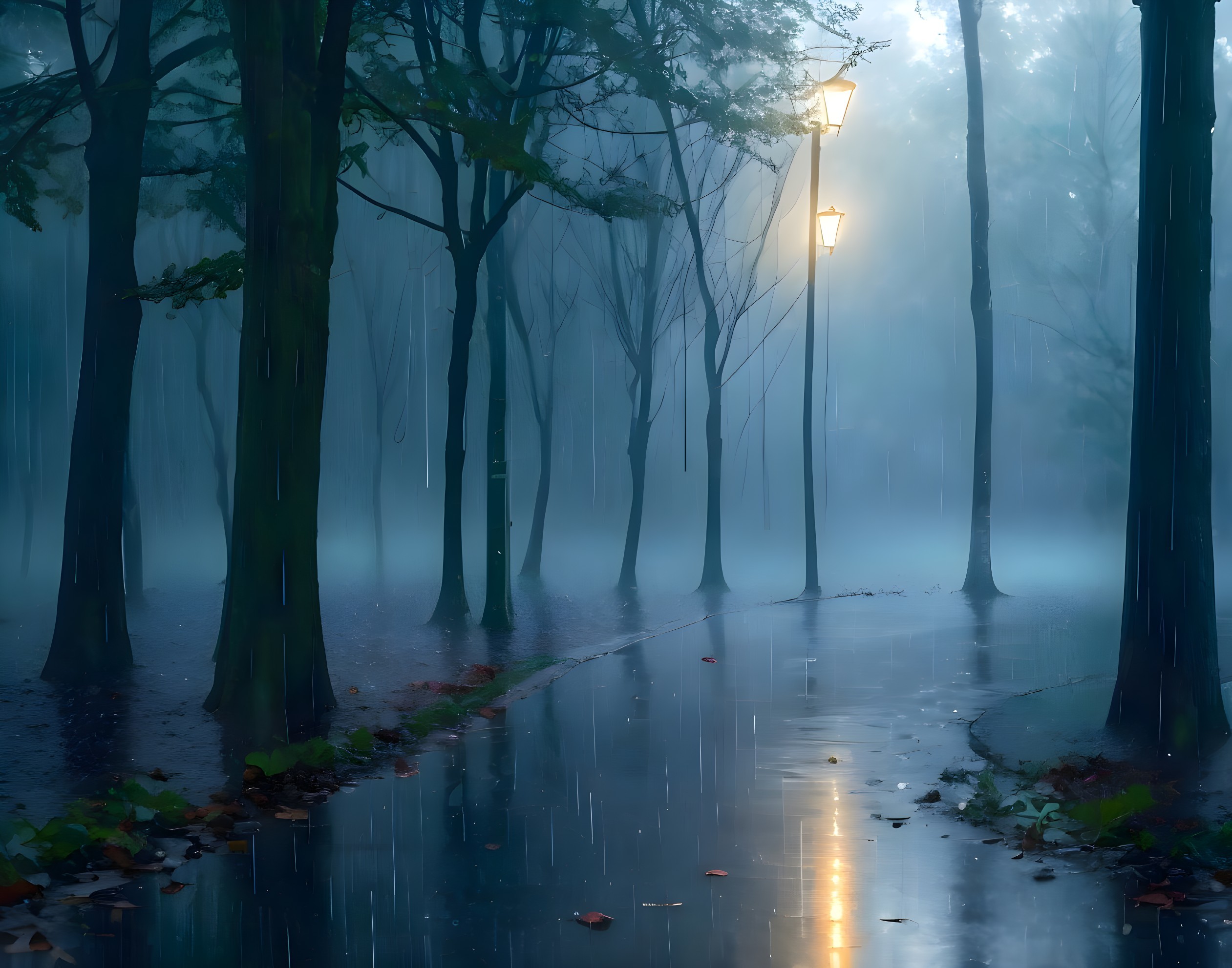 Misty Forest Scene with Vintage Lampposts and Rain