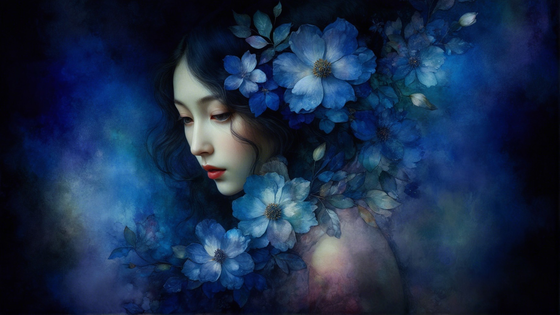 Portrait of a young woman with blue flowers backdrop