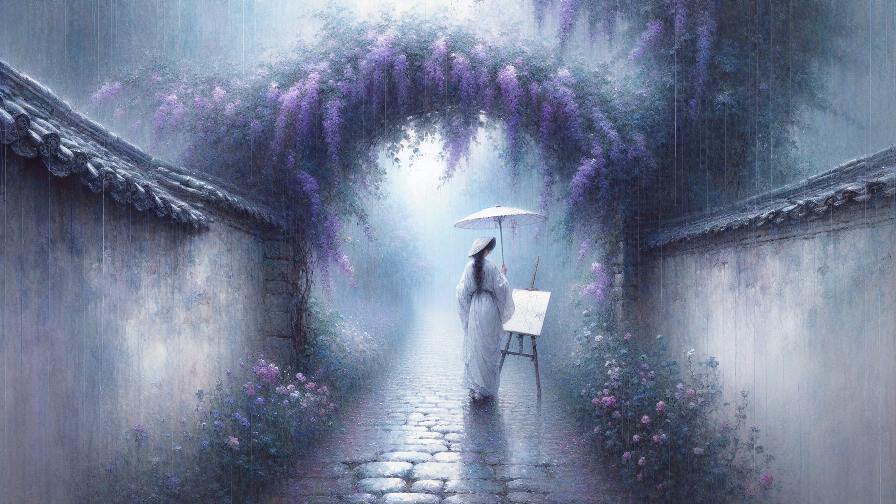 Serene figure walking on a cobblestone path with wisteria