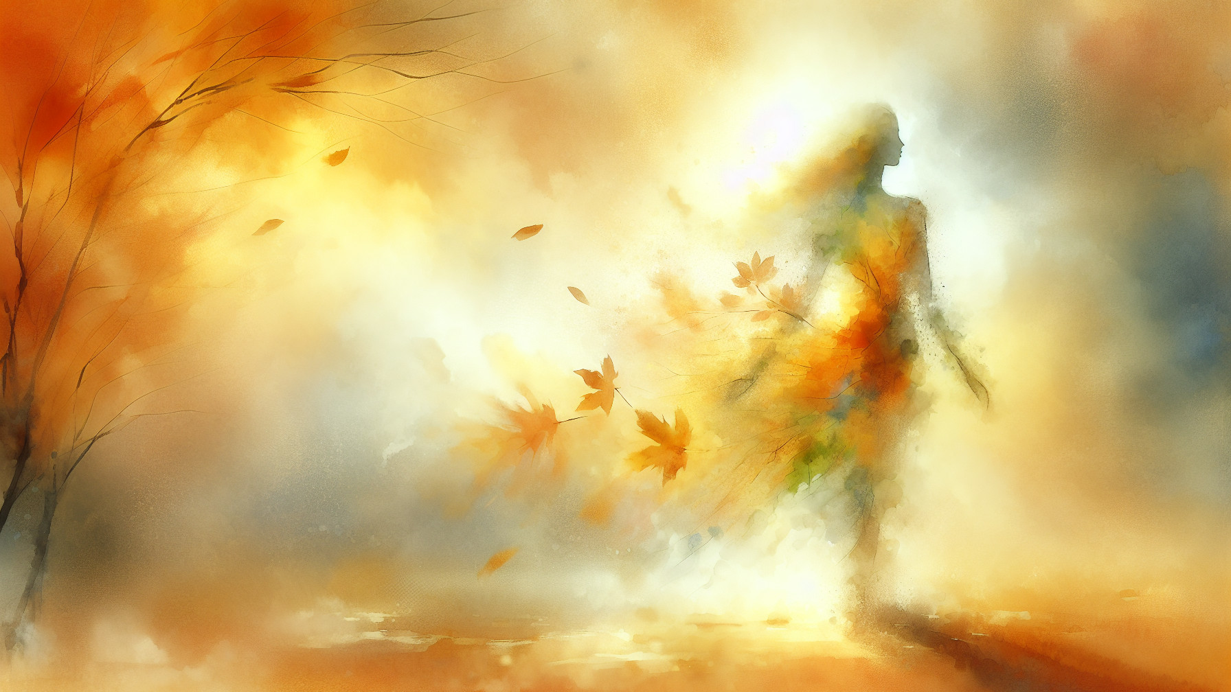 Whimsical Watercolor of a Figure in Autumn Hues