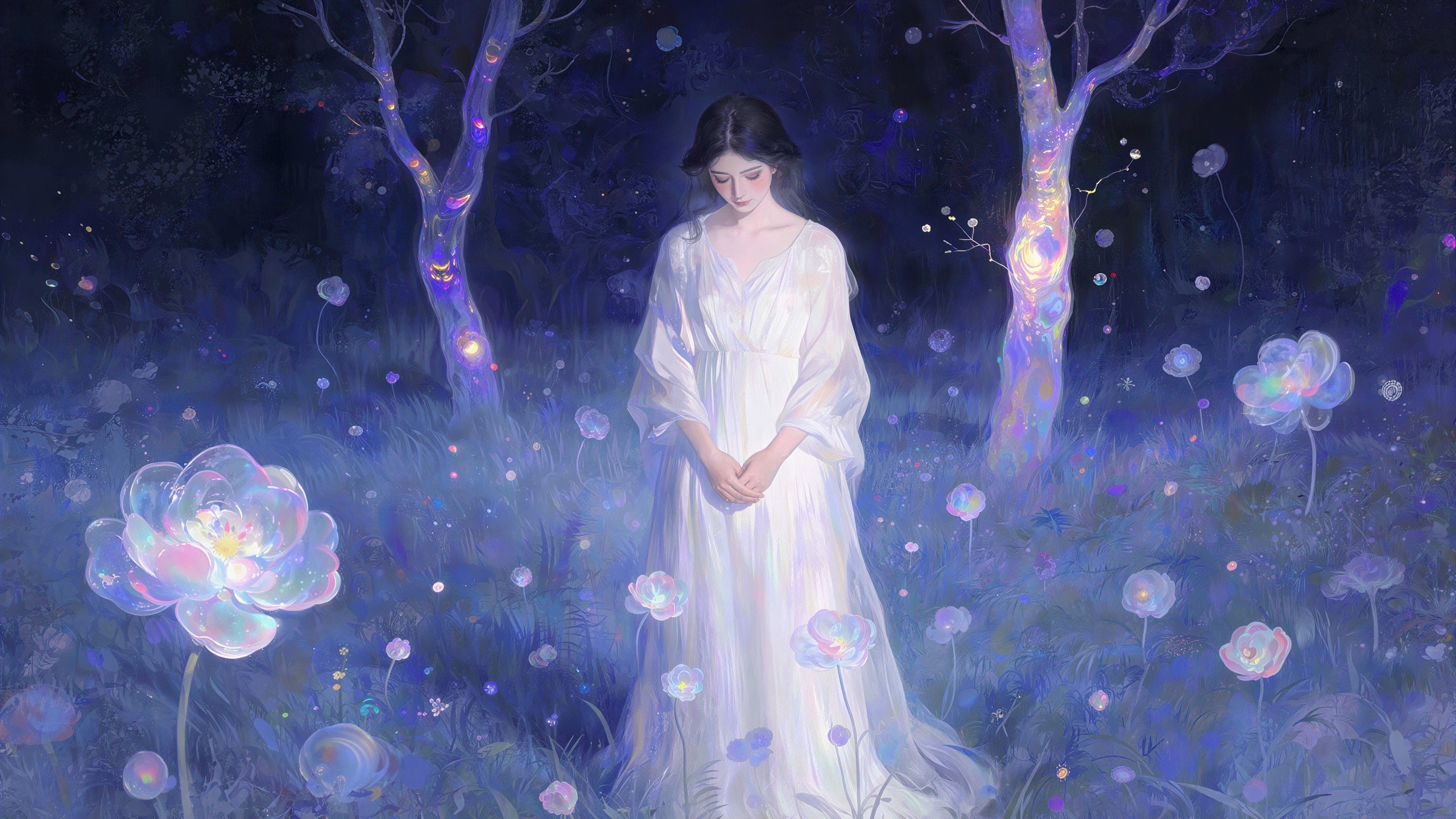 Moonlit Field with Iridescent Flowers and Trees