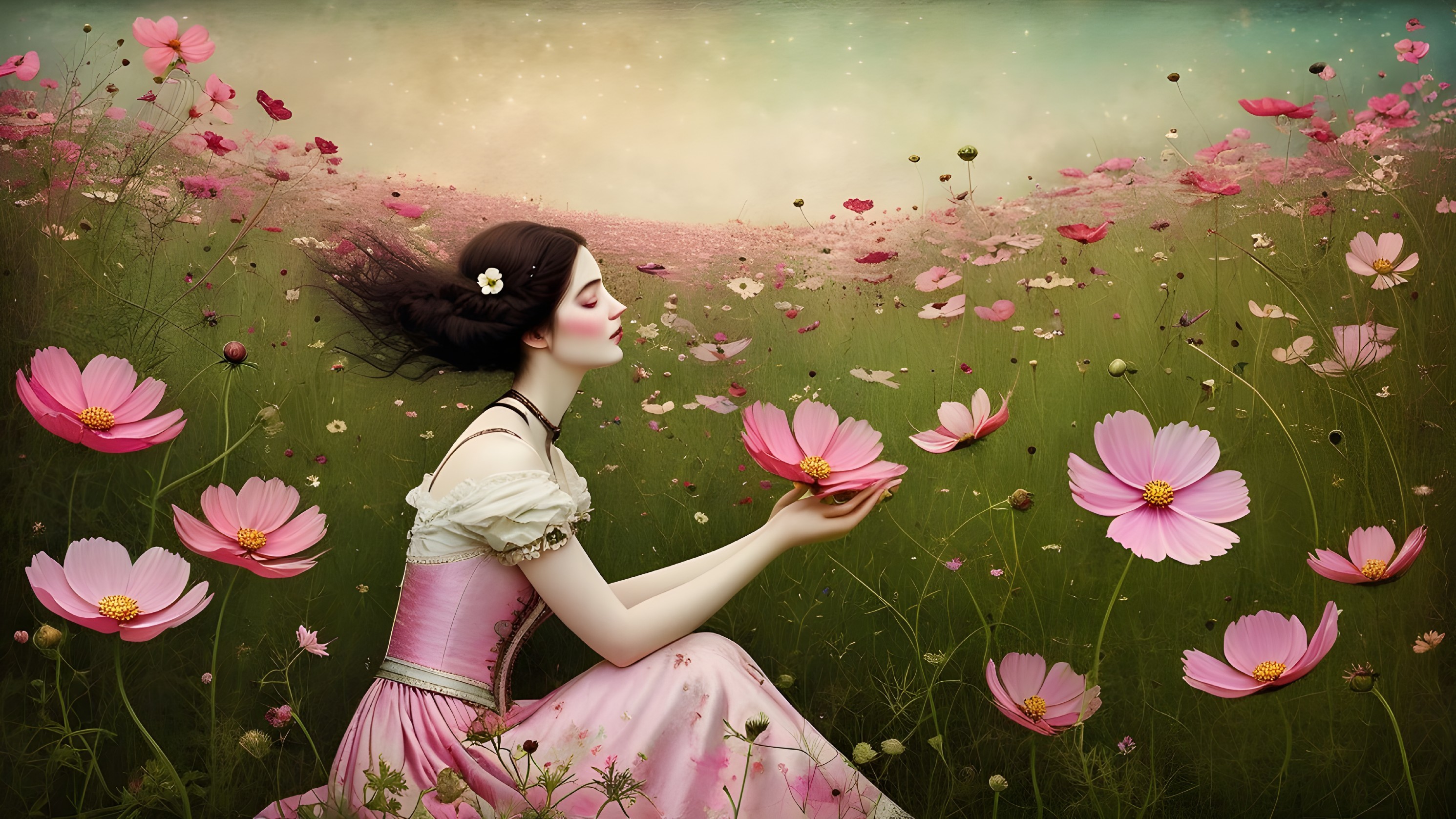 Young Woman in Pink Dress Surrounded by Flowers