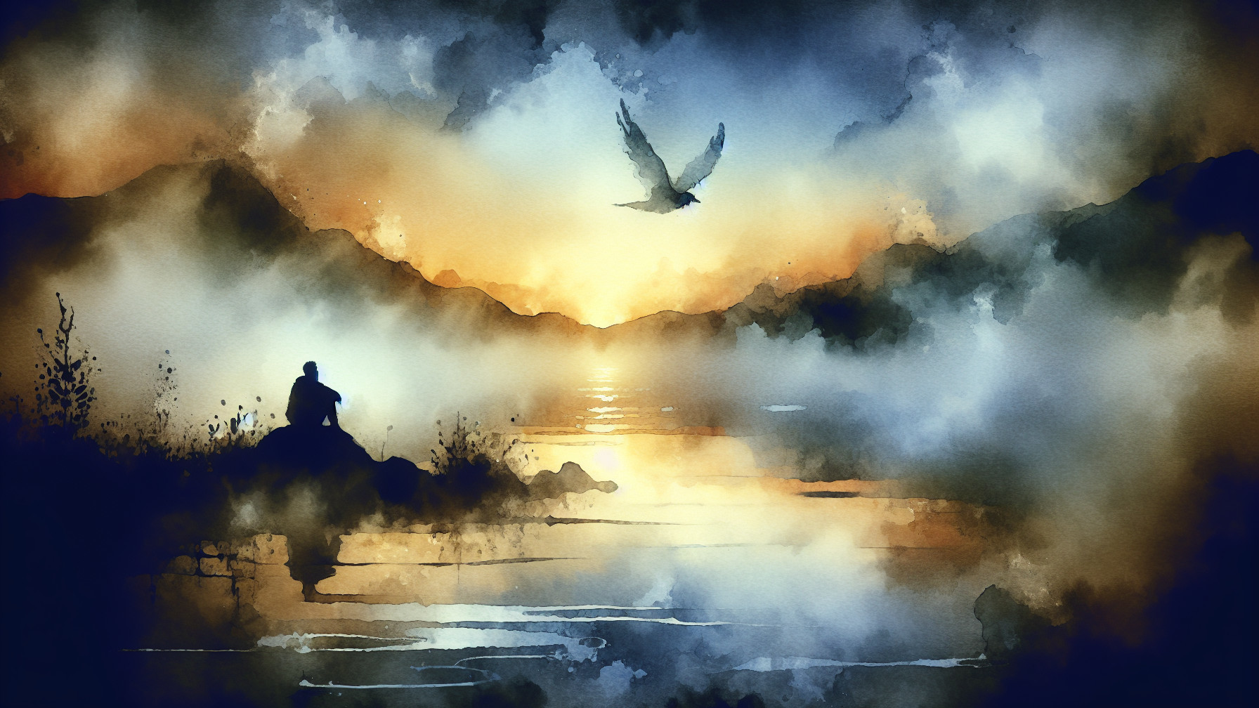 Serene Sunset Landscape with Figure by Tranquil Water