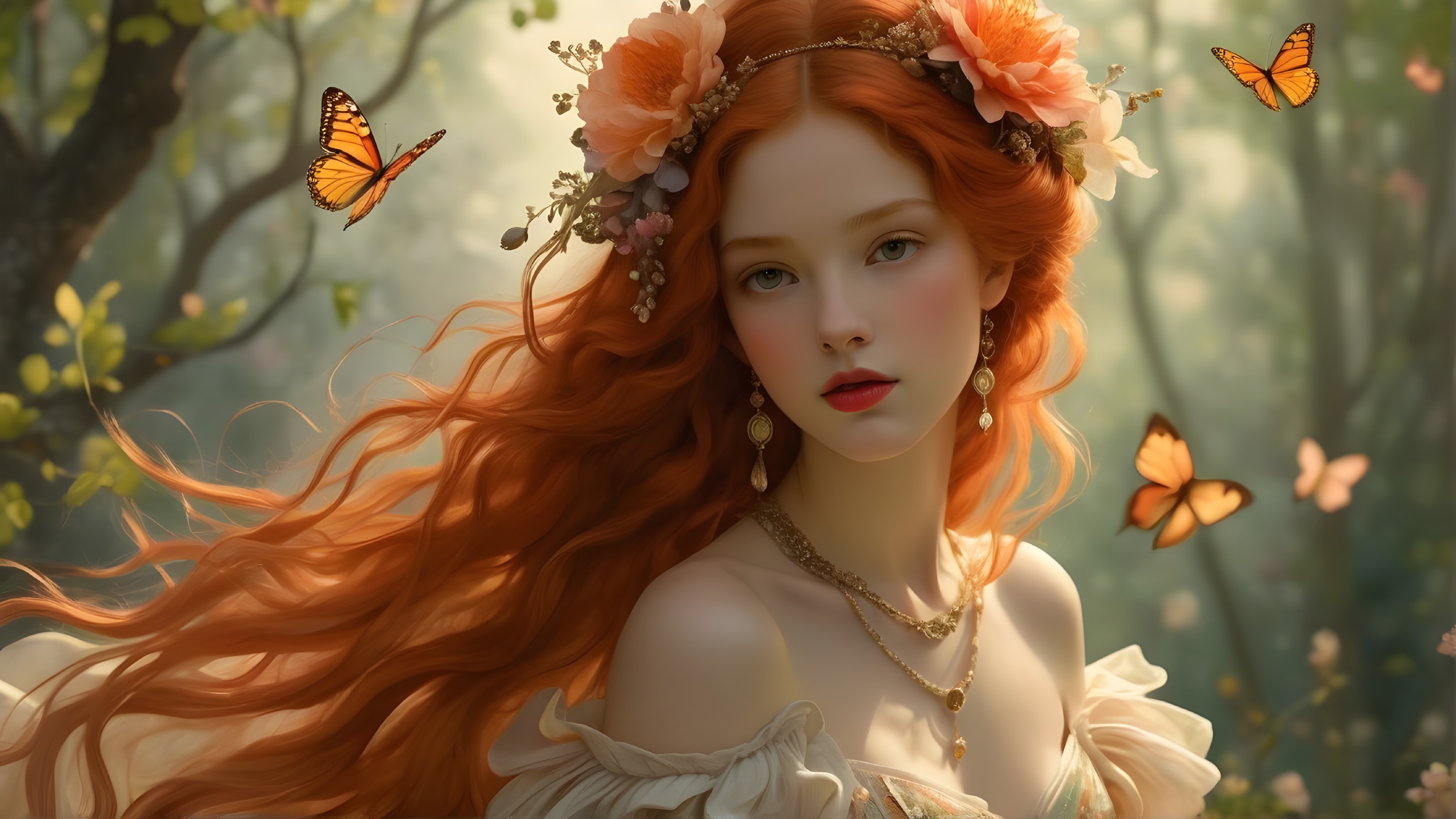 Young woman with red hair in a sunlit forest setting