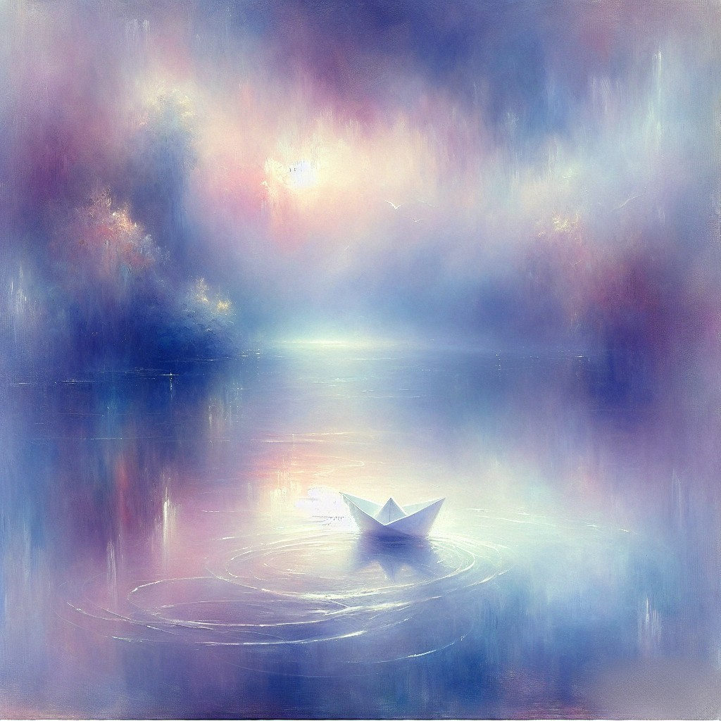 Solitary Paper Boat on a Misty Lake Scene
