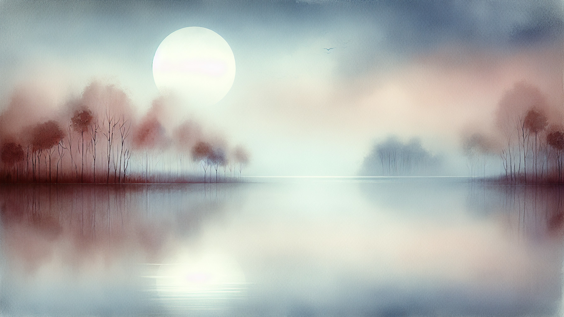 Serene Lake Landscape with Misty Moon and Silhouetted Trees