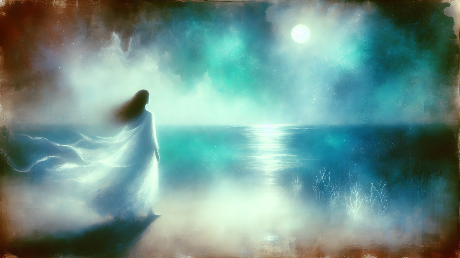 Ethereal Scene of a Figure by Moonlit Sea