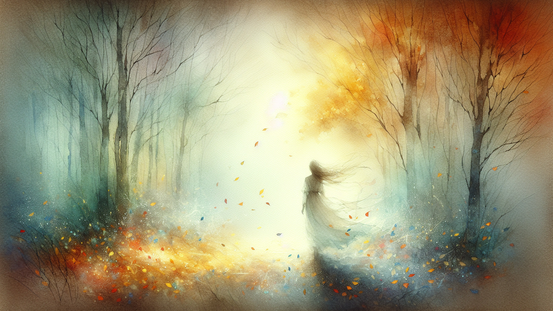 Ethereal Landscape with Misty Forest and Flowing Dress
