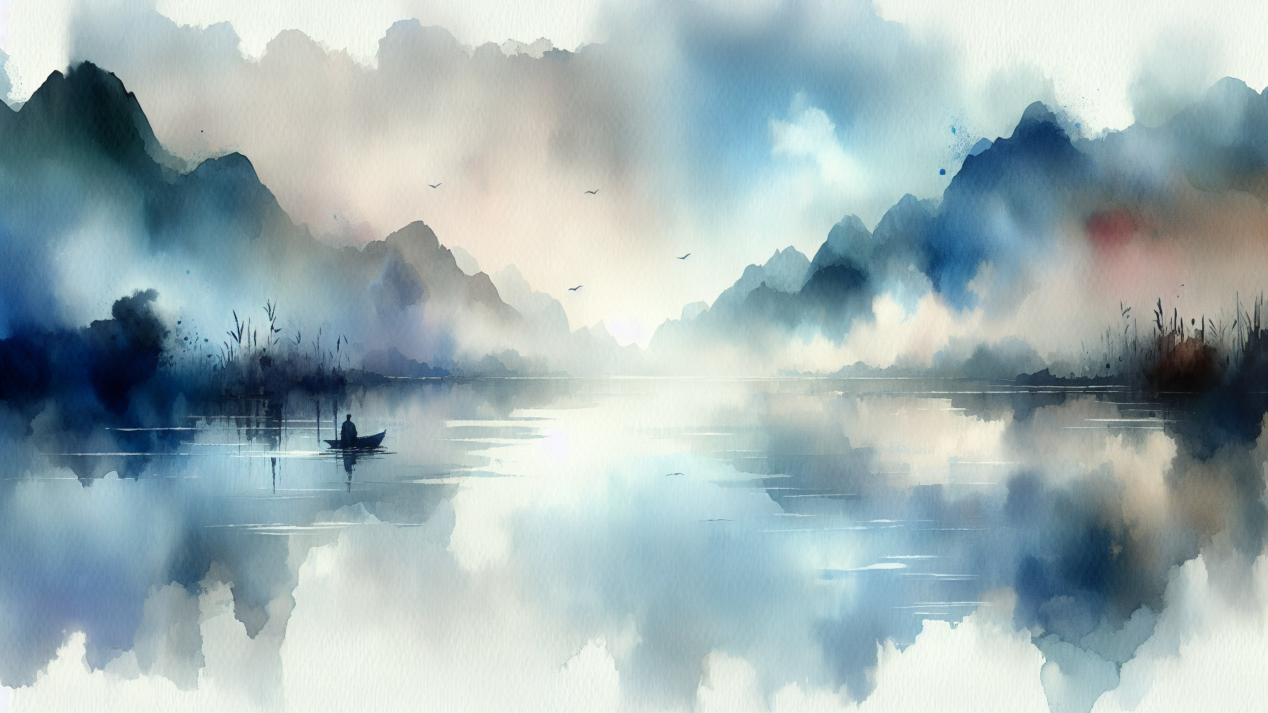 Tranquil Watercolor Landscape with Lake and Mountains