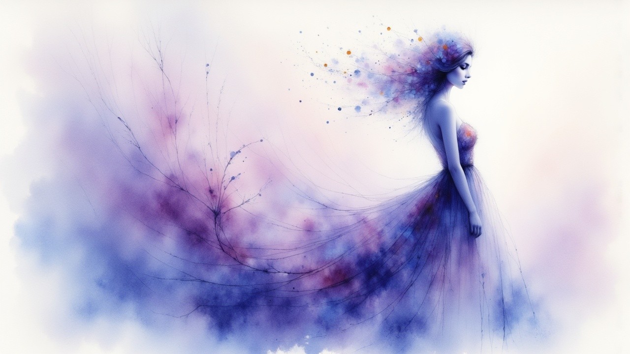 Serene figure in flowing gown of purples and blues